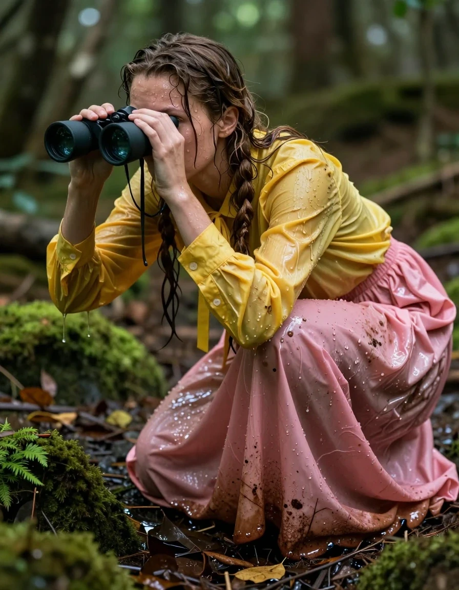 A photorealistic, highly detailed shot of a young adult European woman with wet, matted hair and glistening, damp skin, crawling on a dark, mossy forest floor. She is wearing a yellow oversized long-sleeved buttoned-down blouse with a bowtie and an oversized pink maxi skirt, both garments soaked through, clinging to her body, heavy with water, and exhibiting deep, saturated colors, dark patches, and heavy wet fabric folds. The fabric texture is visibly damp and heavy, with water sheen and glossy specular reflections. She is intently focused on birdwatching, looking through binoculars held in her hands. The forest environment is lush and damp, with scattered leaves and damp earth. Cinematic lighting, shallow depth of field, sharp focus on the subject, 8k, highly detailed, realistic skin texture and water saturation.