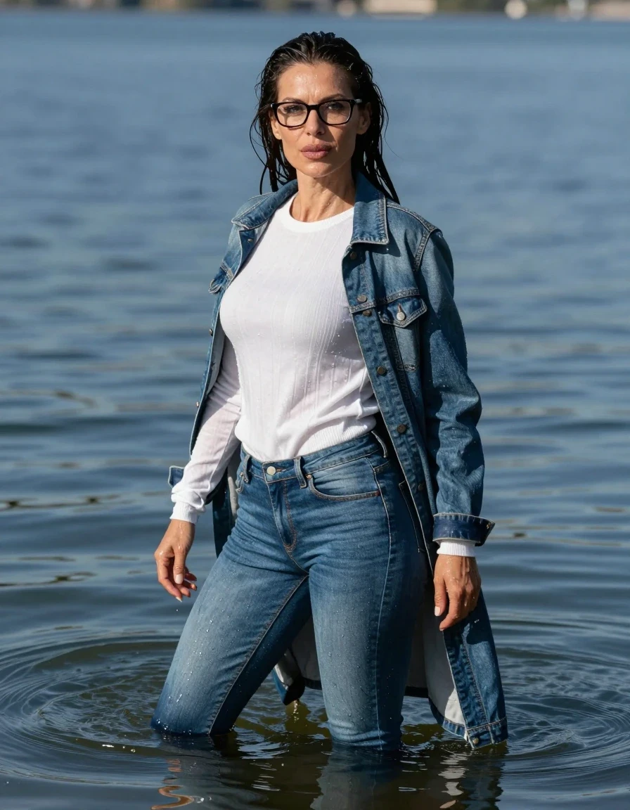 photo of young woman, in soaking wet, drenched clothes,
stilletto butts, long blue tight jeans, white long sweater with long sleeves, long blue denim jacket, complete submerged under very deep sunny lake, 
enjoying, wet clothes stuck to body,
detailed textures of the wet clothes, wet face, wet plastered hair,
wet, drenched, professional, high-quality details, full body view.
sharp focus, ultra-high pixel detail, realistic, high-quality, full colors, incredibly detailed, 4k, 8k, 16k, hyper-realistic, RAW photo, masterpiece, ultra-detailed, professionally color graded, professional photograph, europen brunette skinny woman 40 years old, long dark black hair, very big and thick lips, office glasses, complete body, wet skin, wet clothes, damp fabric, wet skin, wet clothes, damp fabric, wet skin, wet clothes, damp fabric, wet skin, wet clothes, damp fabric, wet skin, wet clothes, damp fabric
