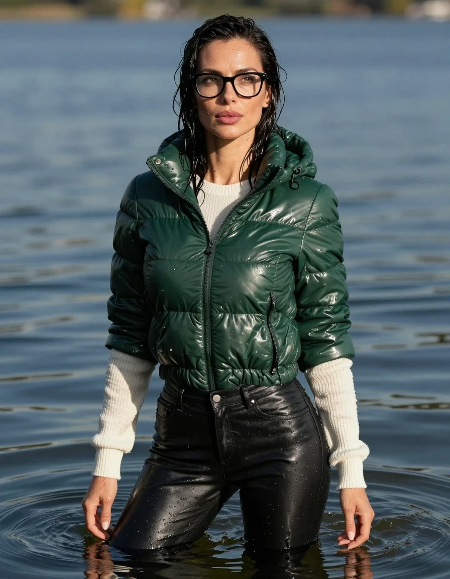 photo of young woman, in soaking wet, drenched clothes,
stilletto butts, long black leather jeans, long white sweater with long sleeves, maxi dark green winter down jacket, complete submerged under sunny very deep lake, 
enjoying, wet clothes stuck to body,
detailed textures of the wet clothes, wet face, wet plastered hair,
wet, drenched, professional, high-quality details, full body view.
sharp focus, ultra-high pixel detail, realistic, high-quality, full colors, incredibly detailed, 4k, 8k, 16k, hyper-realistic, RAW photo, masterpiece, ultra-detailed, professionally color graded, professional photograph, europen brunette skinny woman 40 years old, long dark black hair, very big and thick lips, office glasses, complete body, wet skin, wet clothes, damp fabric, wet skin, wet clothes, damp fabric, wet skin, wet clothes, damp fabric, wet skin, wet clothes, damp fabric, wet skin, wet clothes, damp fabric