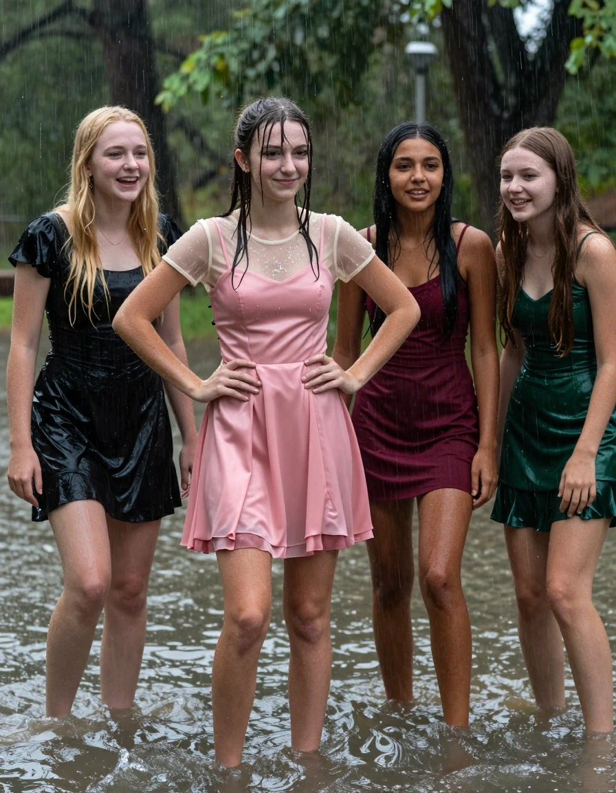 photo of young woman, in soaking wet, drenched clothes,
, , dress, 4.college girls playing in a flooded forest in the heavy rain , 
enjoying, wet clothes stuck to body,
detailed textures of the wet clothes, wet face, wet plastered hair,
wet, drenched, professional, high-quality details, full body view.
sharp focus, ultra-high pixel detail, realistic, high-quality, full colors, incredibly detailed, 4k, 8k, 16k, hyper-realistic, RAW photo, masterpiece, ultra-detailed, professionally color graded, professional photograph, Small young college girls both having fun together. All a similar age, a small nineteen year old girl, with a flat and slim body, skinny body, flat and skinny chest, a She has a wide square young face but a small very skinny waist and skinny legs, a very small chest and very small breasts, she is a pale brunette with ponytail and bangs. She has a small body, She is full of youthful energy. wearing a sheer sparkly cream see through t-shirt underneath a bright pink formal satin cocktail dress with a covered neckline. she has her hands on her hips,. Her friend has blonde hair and is quite skinny, ,a wide square face, she is wearing a fit black short sleeve coctail dress. The third girl is 19, with a tan complexion and dark black hair, she is wearing a maroon mini dress, The 4th girl is brunette with a small body and thin legs, she is wearing a green prom dress, all of them except the blonde girl have very small breasts. wet skin, wet clothes, damp fabric,, wet skin, wet clothes, damp fabric, wet skin, wet clothes, damp fabric, wet skin, wet clothes, damp fabric, wet skin, wet clothes, damp fabric