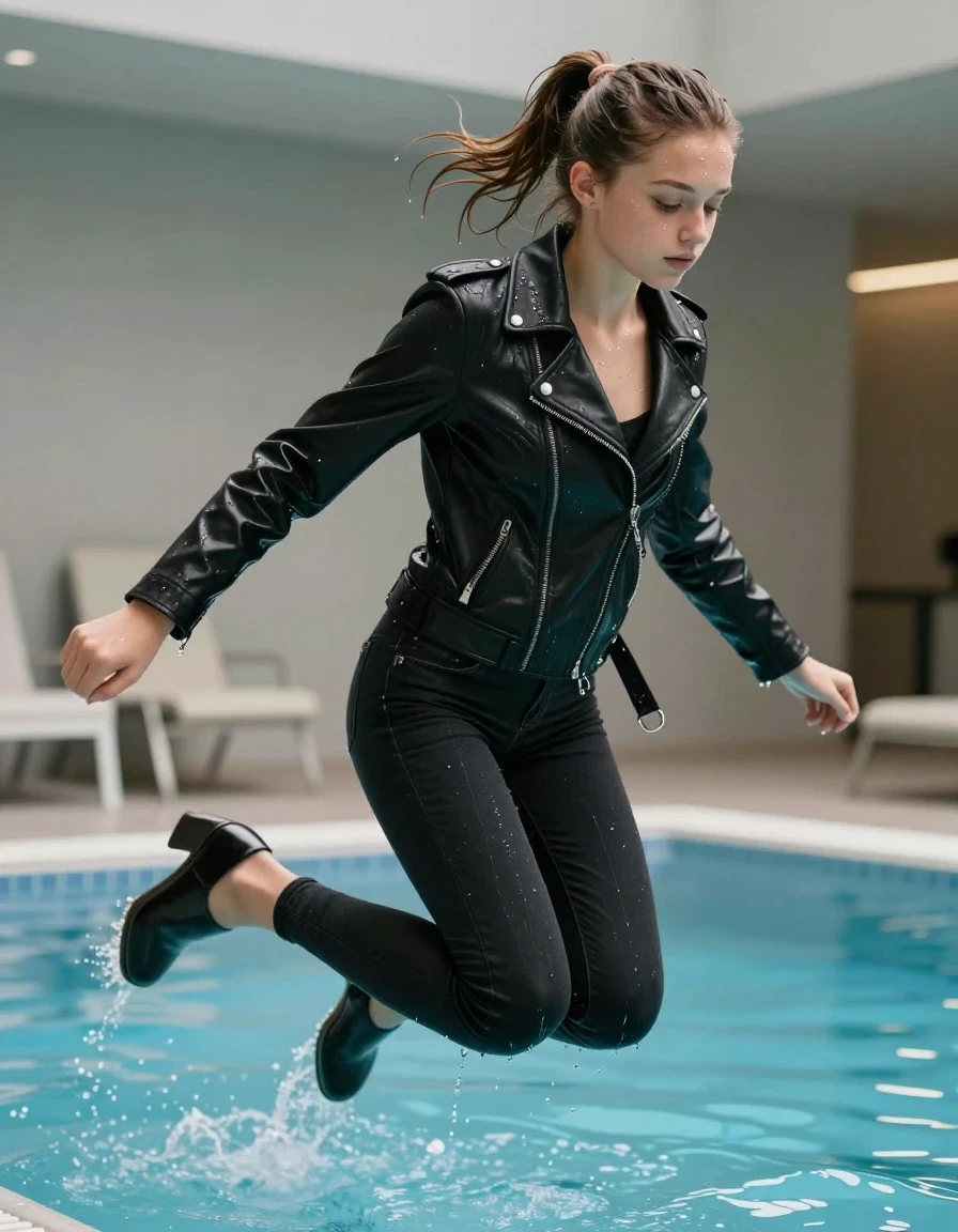 photo of young woman, in soaking wet, drenched clothes,
Black pumps , Skinny jeans, Black biker leatherjacket , indoor pool, 
enjoying, wet clothes stuck to body,
detailed textures of the wet clothes, wet face, wet plastered hair,
wet, drenched, professional, high-quality details, full body view.
sharp focus, ultra-high pixel detail, realistic, high-quality, full colors, incredibly detailed, 4k, 8k, 16k, hyper-realistic, RAW photo, masterpiece, ultra-detailed, professionally color graded, professional photograph, A 15-years-old teenage girl with sleek ponytail is jumping into the pool fully clothed., wet skin, wet clothes, damp fabric, wet skin, wet clothes, damp fabric, wet skin, wet clothes, damp fabric
