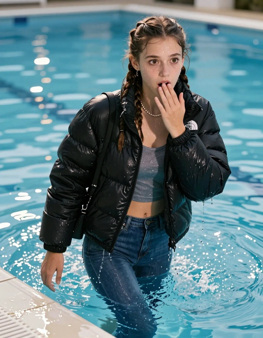 photo of young woman, in soaking wet, drenched clothes,
White sneakers , Glistening soaked tight Blue skinny jeans, Glistening soaked black puffer down jacket from north face, tight sexy tshirt with wide neckline belly free, smal shoulderbag, pearl necklace, bracelet,  Pool, 
enjoying, wet clothes stuck to body,
detailed textures of the wet clothes, wet face, wet plastered hair,
wet, drenched, professional, high-quality details, full body view.
sharp focus, ultra-high pixel detail, realistic, high-quality, full colors, incredibly detailed, 4k, 8k, 16k, hyper-realistic, RAW photo, masterpiece, ultra-detailed, professionally color graded, professional photograph, View from behind: A realistic vertical fashion photograph of an  15-year-old teenage Girl submerged after a dip  in a clear blue swimming pool. 
wet plastered hair. Two long brunette braids. Afraid and astonished. Hold her hands on her mouth. Looking up at camera. Open mouth, big eyes. She soak her shoulderbag in the water. Leaning forward. her head and shoulders visible above the shimmering water surface, while her body and legs are submerged below. Natural sunlight creates sparkling reflections on the water's surface. High-quality fashion photography, sharp focus on her face, cinematic lighting.
The lighting is bright and cinematic, highlighting the glistening water droplets on her skin and the saturated texture of her clothes.

her clothes are heavy from the water, water runs from her body and her clothes in streams. A lot of water also runs out of her clothes. Her clothes are darkened by the water. Her submerged clothes are clinging wet. 

A shocked friend at the edge of the pool reaches out to help her out of the water.

soft atmospheric lighting reflecting off the surface, cinematic medium shot, hyper-realistic wetness, high-contrast water sheen, 8k resolution, sharp focus, wet skin, wet clothes, damp fabric, wet skin, wet clothes, damp fabric, wet skin, wet clothes, damp fabric, wet skin, wet clothes, damp fabric