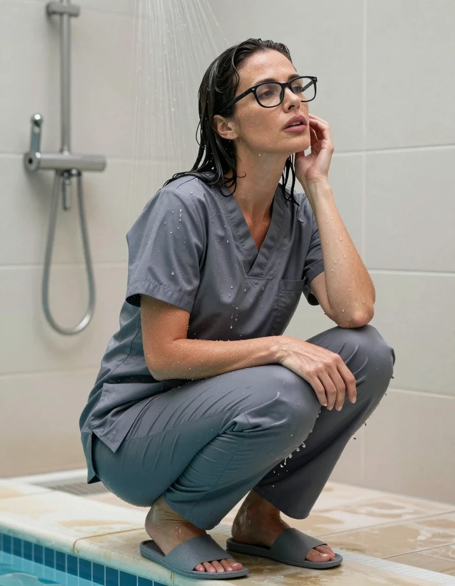 photo of young woman, in soaking wet, drenched clothes,
slippers, gray scrubs, gray scrubs, on the edge of pool under shower, 
enjoying, wet clothes stuck to body,
detailed textures of the wet clothes, wet face, wet plastered hair,
wet, drenched, professional, high-quality details, full body view.
sharp focus, ultra-high pixel detail, realistic, high-quality, full colors, incredibly detailed, 4k, 8k, 16k, hyper-realistic, RAW photo, masterpiece, ultra-detailed, professionally color graded, professional photograph, europen brunette skinny woman 40 years old, long dark black hair, very big and thick lips, office glasses,  complete body, wet skin, wet clothes, damp fabric, wet skin, wet clothes, damp fabric, wet skin, wet clothes, damp fabric, wet skin, wet clothes, damp fabric, wet skin, wet clothes, damp fabric