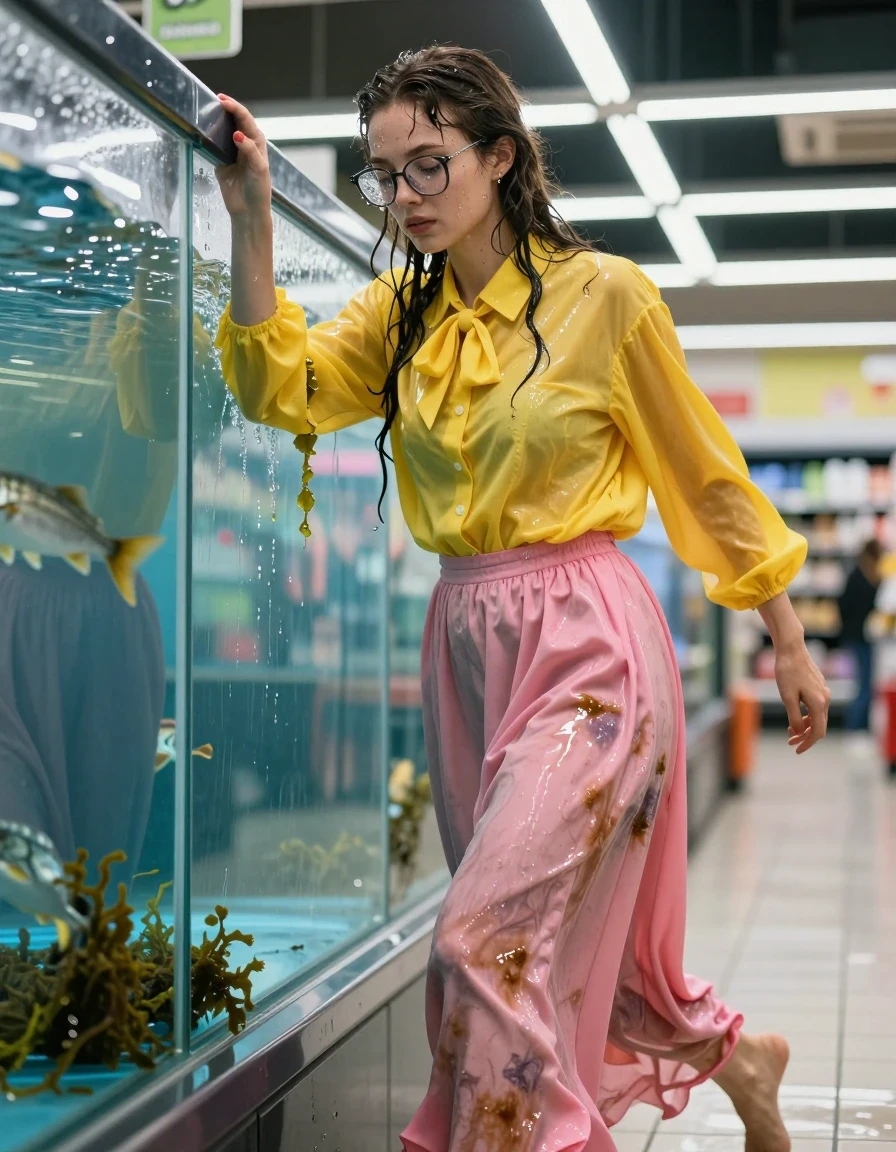 A photorealistic medium shot of a young adult European woman climbing out of a large supermarket fish aquarium, submerged up to her neck in water. She is wearing a yellow, extremely oversized, long-sleeved buttoned-down blouse with a bowtie, and a long pink maxi skirt. The fabric of the blouse and skirt is heavily saturated, clinging to her body with darker, unevenly soaked patches, showing deep color shifts, heavy wet folds, and visible texture. She wears glasses, with water droplets clinging to the lenses, and her hair is wet, slicked back, and dripping. Strands of green seaweed are draped over her shoulders and cling to her soaked clothing. She is barefoot, with wet skin glistening under the bright, harsh fluorescent supermarket lighting. The scene captures the realistic weight of water-logged fabric, high-contrast specular reflections on her wet skin and the slick surfaces of the tank, and the chaotic environment of a grocery store aisle. 8k resolution, cinematic lighting, sharp focus, hyper-detailed textures.