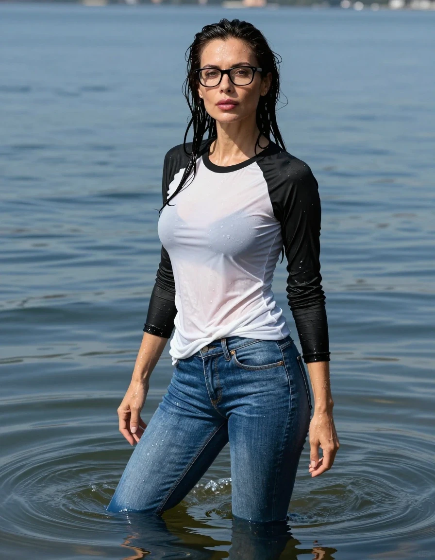 photo of young woman, in soaking wet, drenched clothes,
stilletto butts, long blue tight jeans, black and white long sweater with long sleeves, complete submerged under very deep sunny lake, 
enjoying, wet clothes stuck to body,
detailed textures of the wet clothes, wet face, wet plastered hair,
wet, drenched, professional, high-quality details, full body view.
sharp focus, ultra-high pixel detail, realistic, high-quality, full colors, incredibly detailed, 4k, 8k, 16k, hyper-realistic, RAW photo, masterpiece, ultra-detailed, professionally color graded, professional photograph, europen brunette skinny woman 40 years old, long dark black hair, very big and thick lips, office glasses, complete body, wet skin, wet clothes, damp fabric, wet skin, wet clothes, damp fabric, wet skin, wet clothes, damp fabric, wet skin, wet clothes, damp fabric, wet skin, wet clothes, damp fabric