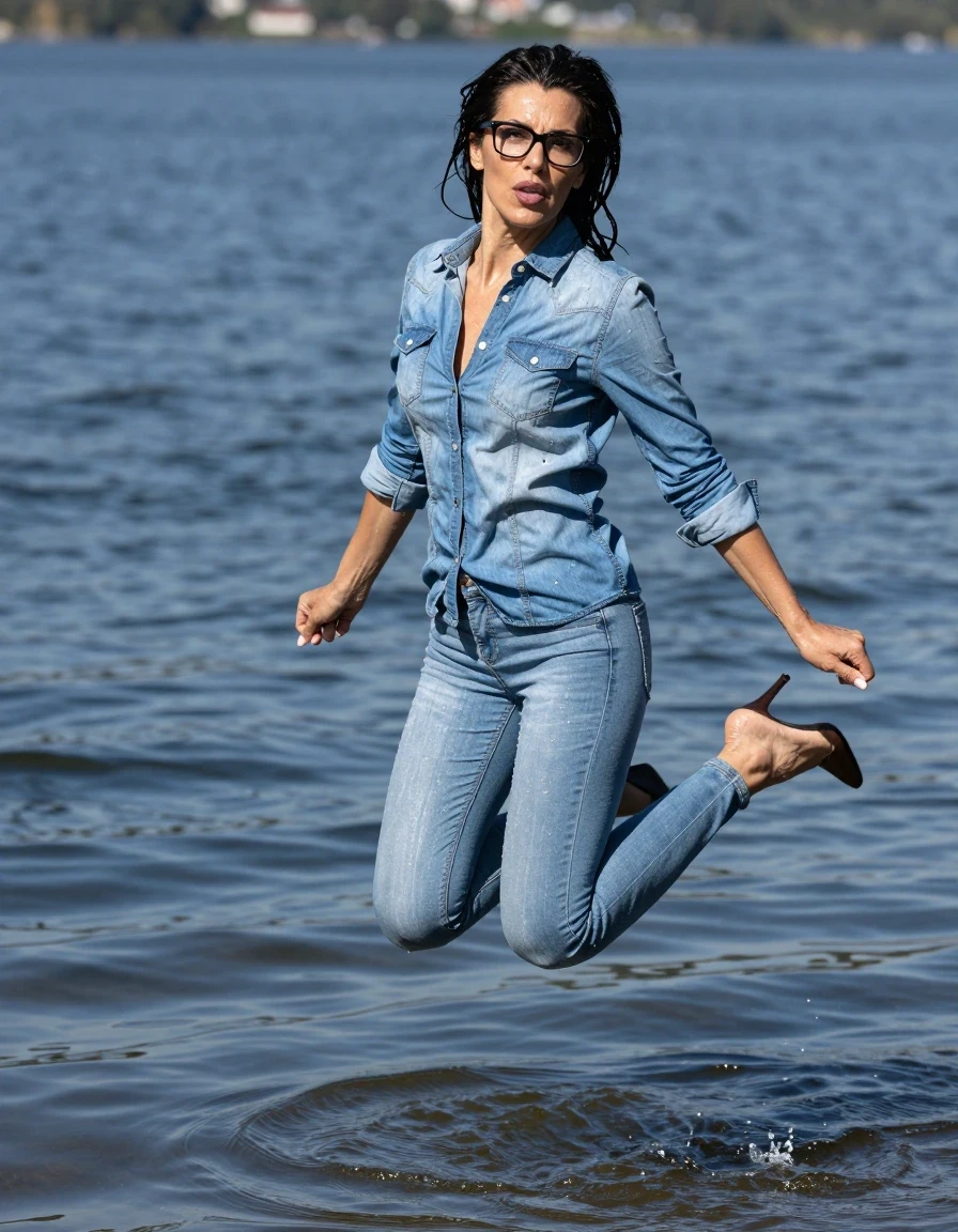 photo of young woman, in soaking wet, drenched clothes,
stilletto butts, long light blue tight jeans, light blue long denim shirt dress with long sleeves, jumping complete submerged under very deep sunny lake, 
enjoying, wet clothes stuck to body,
detailed textures of the wet clothes, wet face, wet plastered hair,
wet, drenched, professional, high-quality details, full body view.
sharp focus, ultra-high pixel detail, realistic, high-quality, full colors, incredibly detailed, 4k, 8k, 16k, hyper-realistic, RAW photo, masterpiece, ultra-detailed, professionally color graded, professional photograph, europen brunette skinny woman 40 years old, long dark black hair, very big and thick lips, office glasses, complete body, wet skin, wet clothes, damp fabric, wet skin, wet clothes, damp fabric, wet skin, wet clothes, damp fabric, wet skin, wet clothes, damp fabric, wet skin, wet clothes, damp fabric