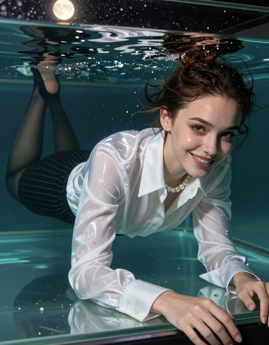 photo of young woman, in soaking wet, drenched clothes,
very shiny white satin men's dress shirt with a bigger, high, white collar with a high upright collar stand and long spread tips and very long white French cuffs, , 
enjoying, wet clothes stuck to body,
detailed textures of the wet clothes, wet face, wet plastered hair,
wet, drenched, professional, high-quality details, full body view.
sharp focus, ultra-high pixel detail, realistic, high-quality, full colors, incredibly detailed, 4k, 8k, 16k, hyper-realistic, RAW photo, masterpiece, ultra-detailed, professionally color graded, professional photograph, create a realistic closeup photo that depicts a stylized and professional high fashion photo shoot. Here is a detailed description: Subject: The main subject is a submerged, smiling beautiful 27-year-old european actress with a suntanned complexion. She exudes a classy aura and looks into the camera. Pose and Setting: The woman is lying horizontally on her front deep in the water of the big glass tank taking a underwater dip so her ear hits the water level. The setting is during the night, with little moonlight casting a warm glow. Attire: Below the water surface she is wearing a combination of men's and women's clothing, creating a unique and striking  messy look: A very shiny white satin men's dress shirt with a bigger, high, white collar with a high upright collar stand and long spread tips and very long white French cuffs. A pearl necklace that adds a touch of elegance. A  black pinstripe pencil skirt.  Black tights. Effect: The clothes have become dunked, soaked, drenched and sticky by the water , emphasizing the style. Water sparkles in her shirt gap. Droplets are visible on her face, enhancing the overall effect. Focus and Quality: The close-up photo is highly detailed, with a focus on the collar and the clothes shining from below the water surface. The image is photorealistic, with an 8k resolution, making it a high-quality masterpiece. Composition: The composition is well-balanced, with the subject centrally placed. The moonlight provides a soft, natural lighting that complements the subject's features., wet skin, wet clothes, damp fabric, wet skin, wet clothes, damp fabric