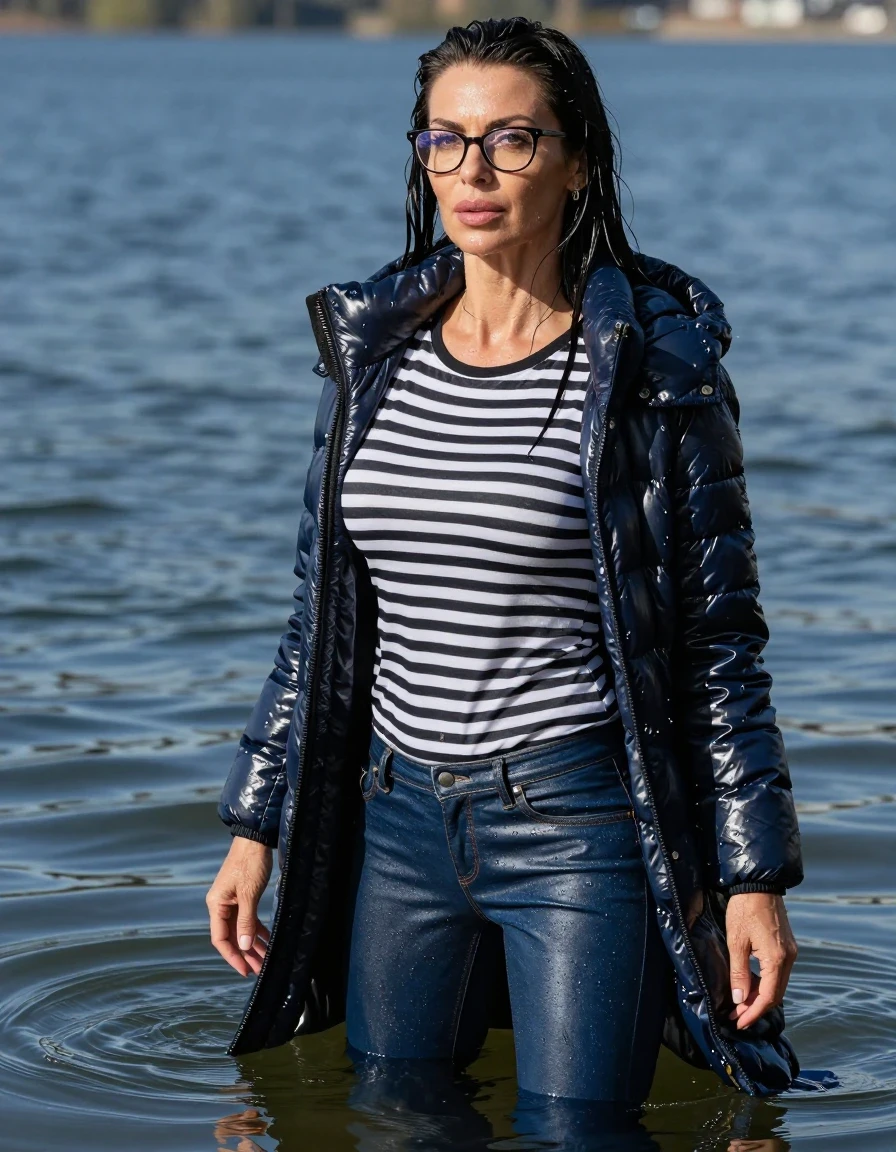 photo of young woman, in soaking wet, drenched clothes,
stilletto butts, long blue leather jeans, long black & white striped dress with long sleeves, maxi dark blue winter down jacket, complete submerged under sunny very deep lake, 
enjoying, wet clothes stuck to body,
detailed textures of the wet clothes, wet face, wet plastered hair,
wet, drenched, professional, high-quality details, full body view.
sharp focus, ultra-high pixel detail, realistic, high-quality, full colors, incredibly detailed, 4k, 8k, 16k, hyper-realistic, RAW photo, masterpiece, ultra-detailed, professionally color graded, professional photograph, europen brunette skinny woman 40 years old, long dark black hair, very big and thick lips, office glasses, complete body, wet skin, wet clothes, damp fabric, wet skin, wet clothes, damp fabric, wet skin, wet clothes, damp fabric, wet skin, wet clothes, damp fabric, wet skin, wet clothes, damp fabric