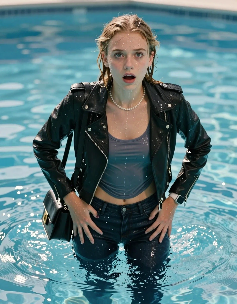 photo of young woman, in soaking wet, drenched clothes,
, Glistening soaked tight skinny jeans, Glistening soaked  black biker leatherjacket, tight sexy tshirt with wide neckline belly free, shoulderbag, pearl necklace, smartwatch , Pool, 
enjoying, wet clothes stuck to body,
detailed textures of the wet clothes, wet face, wet plastered hair,
wet, drenched, professional, high-quality details, full body view.
sharp focus, ultra-high pixel detail, realistic, high-quality, full colors, incredibly detailed, 4k, 8k, 16k, hyper-realistic, RAW photo, masterpiece, ultra-detailed, professionally color graded, professional photograph, A realistic vertical fashion photograph of an  15-year-old teenage Girl emerge after a dip   in a clear blue swimming pool. 
wet plastered hair. Blonde pigtails. water cascading down her clothes. Afraid and astonished. Looking up at camera. Hold her hands on her ass . Open mouth, big eyes. She soak her shoulderbag in the water. She pressed her knees together. The girl is positioned in the center of the frame, her head and shoulders visible above the shimmering water surface, while her body and legs are submerged below. Natural sunlight creates sparkling reflections on the water's surface. High-quality fashion photography, sharp focus on her face, cinematic lighting.
The lighting is bright and cinematic, highlighting the glistening water droplets on her skin and the saturated texture of her clothes.

her clothes are heavy from the water, water runs from her body and her clothes in streams. A lot of water also runs out of her clothes. Her clothes are darkened by the water. Her submerged clothes are clinging wet. 
soft atmospheric lighting reflecting off the surface, cinematic medium shot, hyper-realistic wetness, high-contrast water sheen, 8k resolution, sharp focus, wet skin, wet clothes, damp fabric, wet skin, wet clothes, damp fabric, wet skin, wet clothes, damp fabric