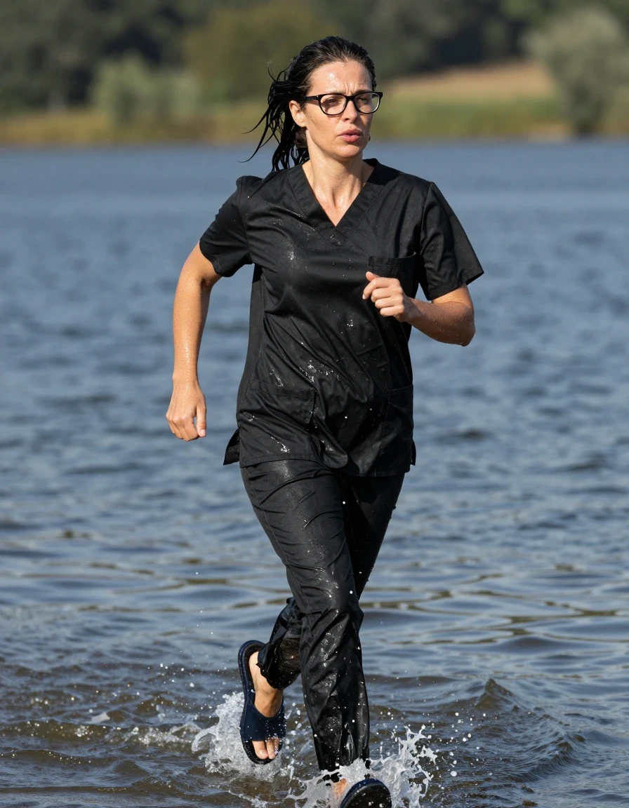 photo of young woman, in soaking wet, drenched clothes,
slippers, black scrubs, black scrubs, running in sunny lake, 
enjoying, wet clothes stuck to body,
detailed textures of the wet clothes, wet face, wet plastered hair,
wet, drenched, professional, high-quality details, full body view.
sharp focus, ultra-high pixel detail, realistic, high-quality, full colors, incredibly detailed, 4k, 8k, 16k, hyper-realistic, RAW photo, masterpiece, ultra-detailed, professionally color graded, professional photograph, europen brunette skinny woman 40 years old, long dark black hair, very big and thick lips, office glasses,  complete body, wet skin, wet clothes, damp fabric, wet skin, wet clothes, damp fabric, wet skin, wet clothes, damp fabric, wet skin, wet clothes, damp fabric, wet skin, wet clothes, damp fabric