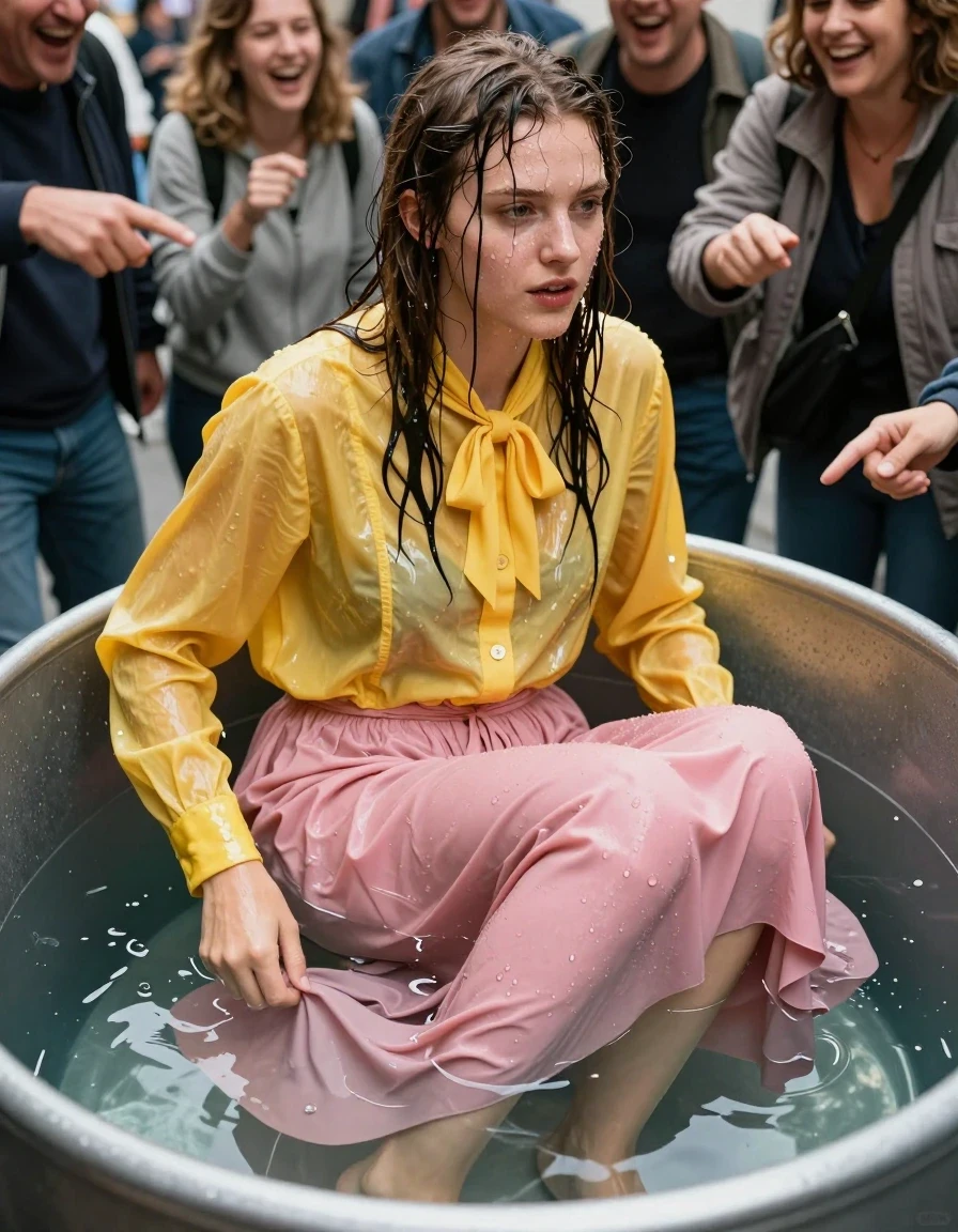 A photorealistic medium shot of a young adult European woman sitting inside a dunk tank set up on a busy city street. She is wearing a yellow oversized long-sleeved buttoned-down blouse with a bowtie and an oversized pink maxi skirt. Her clothes are completely drenched, clinging to her body with heavy, water-saturated fabric folds and a dark, translucent sheen. Her hair is matted and dripping, and her skin has a realistic wet, glossy texture with water droplets running down her face and shoulders. She is barefoot, with wet skin visible. Surrounding the dunk tank, a crowd of people are laughing and pointing at her in a scene of public humiliation. The lighting is bright daylight, highlighting the deep, saturated colors of the soaked fabric and the glistening water on her skin and the tank's surface. High-resolution, cinematic composition, sharp focus, authentic street photography style.