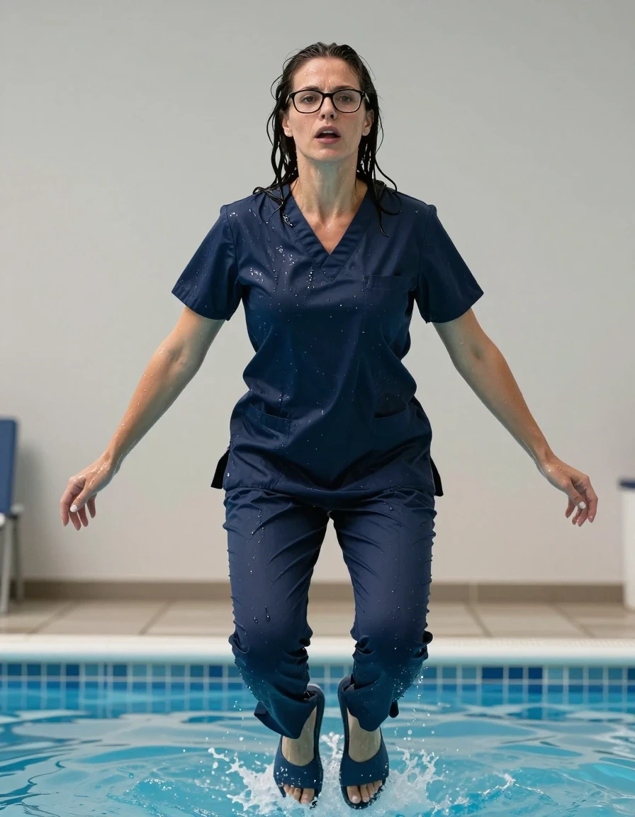 photo of young woman, in soaking wet, drenched clothes,
slippers, dark blue scrubs, dark blue scrubs, jumping in pool, 
enjoying, wet clothes stuck to body,
detailed textures of the wet clothes, wet face, wet plastered hair,
wet, drenched, professional, high-quality details, full body view.
sharp focus, ultra-high pixel detail, realistic, high-quality, full colors, incredibly detailed, 4k, 8k, 16k, hyper-realistic, RAW photo, masterpiece, ultra-detailed, professionally color graded, professional photograph, europen brunette skinny woman 40 years old, long dark black hair, very big and thick lips, office glasses, complete body, wet skin, wet clothes, damp fabric, wet skin, wet clothes, damp fabric, wet skin, wet clothes, damp fabric, wet skin, wet clothes, damp fabric, wet skin, wet clothes, damp fabric