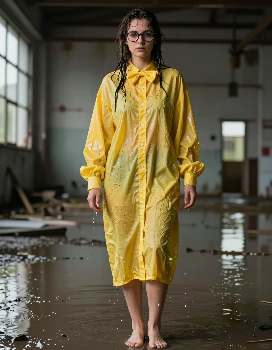 photo of young woman, in soaking wet, drenched clothes,
Barefeet, glasses, yellow extremely oversized long sleeved buttoned down dress, bowtie, glasses, yellow extremely oversized long sleeved buttoned down dress, bowtie, abandoned flooded warehouse, 
enjoying, wet clothes stuck to body,
detailed textures of the wet clothes, wet face, wet plastered hair,
wet, drenched, professional, high-quality details, full body view.
sharp focus, ultra-high pixel detail, realistic, high-quality, full colors, incredibly detailed, 4k, 8k, 16k, hyper-realistic, RAW photo, masterpiece, ultra-detailed, professionally color graded, professional photograph, covering herself with dirty water, wet skin, wet clothes, damp fabric, wet skin, wet clothes, damp fabric, wet skin, wet clothes, damp fabric, wet skin, wet clothes, damp fabric