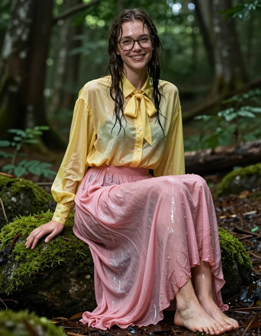 A photorealistic portrait of a young adult European woman with a nerdy look, wearing thick-rimmed glasses, sitting on a mossy rock in a lush, dense forest. She is wearing a yellow oversized long-sleeved buttoned-down blouse with a bowtie, and an oversized pink maxi skirt. The fabric of her clothes is heavily saturated with water, appearing damp, clinging to her frame, and showing heavy wet folds and a darkened, translucent texture. Her skin is glistening with a realistic water sheen, and her hair is wet and slicked. She is smiling warmly at the camera. Her bare feet are resting on the damp forest floor. The scene is captured in high-detail, emphasizing the moisture on her skin and the weight of the soaked fabric, with soft, natural lighting filtering through the forest canopy, creating specular highlights on the wet surfaces.