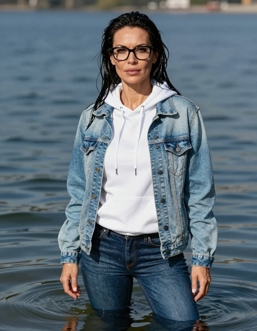 photo of young woman, in soaking wet, drenched clothes,
stilletto butts, long blue jeans, long white hoodie, maxi light blue denim jacket, complete submerged under very deep sunny lake, 
enjoying, wet clothes stuck to body,
detailed textures of the wet clothes, wet face, wet plastered hair,
wet, drenched, professional, high-quality details, full body view.
sharp focus, ultra-high pixel detail, realistic, high-quality, full colors, incredibly detailed, 4k, 8k, 16k, hyper-realistic, RAW photo, masterpiece, ultra-detailed, professionally color graded, professional photograph, europen brunette skinny woman 40 years old, long dark black hair, very big and thick lips, office glasses, complete body, wet skin, wet clothes, damp fabric, wet skin, wet clothes, damp fabric, wet skin, wet clothes, damp fabric, wet skin, wet clothes, damp fabric, wet skin, wet clothes, damp fabric