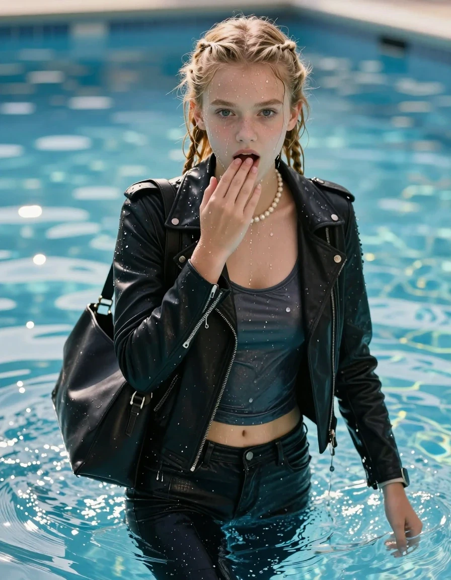 photo of young woman, in soaking wet, drenched clothes,
, Glistening soaked tight skinny jeans, Glistening soaked  black biker leatherjacket, tight sexy tshirt with wide neckline belly free, shoulderbag, pearl necklace, smartwatch , Pool, 
enjoying, wet clothes stuck to body,
detailed textures of the wet clothes, wet face, wet plastered hair,
wet, drenched, professional, high-quality details, full body view.
sharp focus, ultra-high pixel detail, realistic, high-quality, full colors, incredibly detailed, 4k, 8k, 16k, hyper-realistic, RAW photo, masterpiece, ultra-detailed, professionally color graded, professional photograph, A realistic vertical fashion photograph of an  15-year-old teenage Girl emerge after a dip   in a clear blue swimming pool. 
wet plastered hair. Blonde french braid with water cascading down her face and neck. Shy and astonished. Looking at camera. Hold a hand on mouth. Open mouth, big eyes. She soak her shoulderbag in the water. The girl is positioned in the center of the frame, her head and shoulders visible above the shimmering water surface, while her body and legs are submerged below. Natural sunlight creates sparkling reflections on the water's surface. High-quality fashion photography, sharp focus on her face, cinematic lighting.
The lighting is bright and cinematic, highlighting the glistening water droplets on her skin and the saturated texture of her clothes.

her clothes are heavy from the water, water runs from her body and her clothes in streams. A lot of water also runs out of her clothes. Her clothes are darkened by the water. Her submerged clothes are clinging wet. 
soft atmospheric lighting reflecting off the surface, cinematic medium shot, hyper-realistic wetness, high-contrast water sheen, 8k resolution, sharp focus, wet skin, wet clothes, damp fabric, wet skin, wet clothes, damp fabric