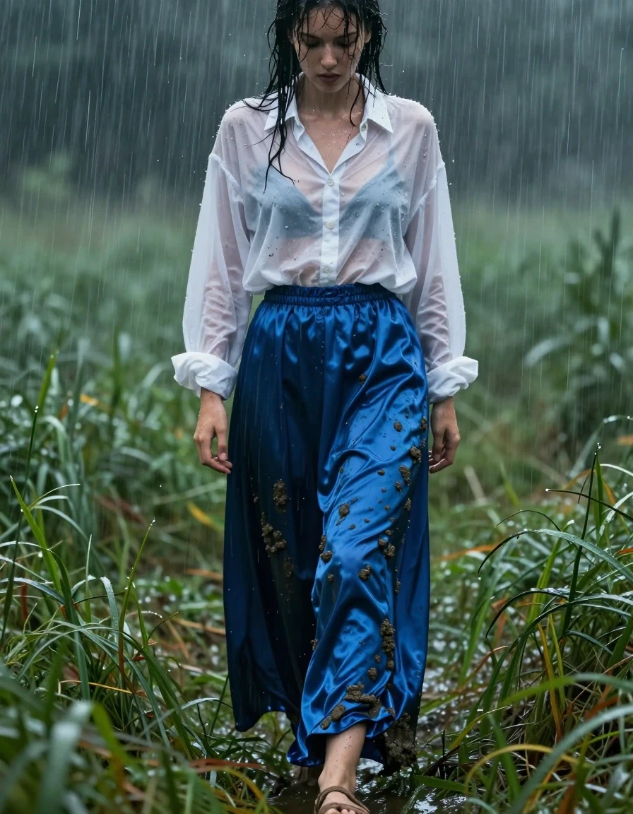 A photorealistic medium shot of a young adult European woman hiding low in tall, rain-swept grass during a heavy storm. She is wearing an oversized white men's shirt with a crisp kent collar, the top button fastened, and a long blue satin maxi skirt. The fabric of the shirt is translucent and clinging to her skin, heavily drenched with dark, water-soaked patches. The blue satin skirt is weighed down by water, displaying deep, glossy wet sheen, heavy folds, and mud-streaked fabric that clings to her legs. She is wearing open-toe sandals that are caked in dark, wet mud. Her hair is plastered to her face and shoulders, and her skin has a realistic, glistening wet texture from the rain. The environment is dark and stormy with blurred, rain-slicked foliage, low-angle perspective, cinematic lighting with high-contrast specular reflections on wet surfaces, hyper-detailed textures, 8k resolution, shot on 35mm lens, sharp focus on the subject with a shallow depth of field.