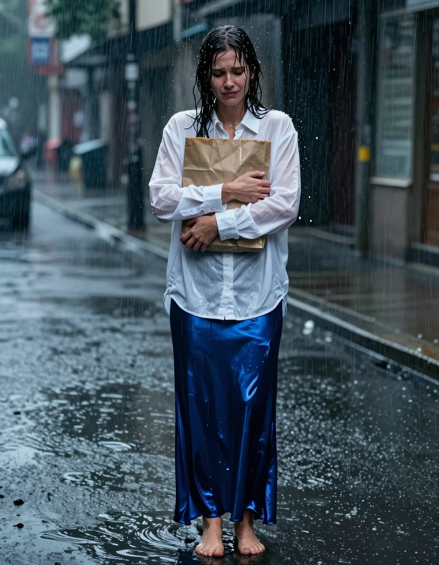 A photorealistic full-body shot of a young adult European woman standing on a rain-slicked city street during a violent storm. She is wearing a white oversized long-sleeved men's button-down shirt with a stiff kent collar, the top button fastened, and a floor-length blue satin maxi skirt. Both garments are heavily soaked, clinging to her body, with the satin skirt appearing significantly darker, heavy with water, and showing deep, glossy, liquid-like reflections and clinging folds. She is barefoot, her skin pale and glistening with rain, her hair plastered to her face and shoulders. She holds a damp, disintegrating paper grocery bag to her chest, her expression one of utter depression and exhaustion. The environment is dark and moody, with torrential rain, splashing puddles, and deep blue-grey storm lighting. Cinematic composition, high-shutter-speed photography, sharp focus on the texture of wet fabric and skin, water droplets streaming down her face and clothing, hyper-realistic wetlook aesthetic.