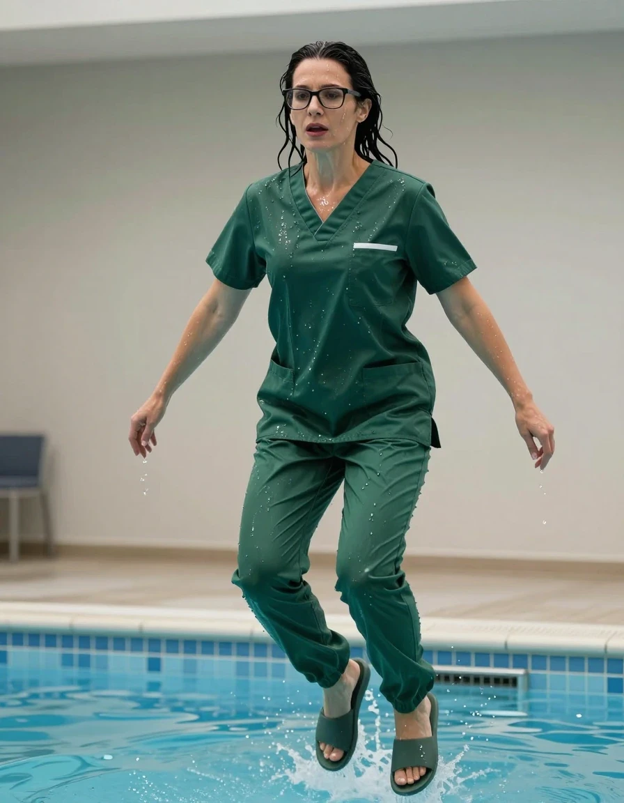 photo of young woman, in soaking wet, drenched clothes,
slippers, dark green scrubs, dark green scrubs, jumping in pool, 
enjoying, wet clothes stuck to body,
detailed textures of the wet clothes, wet face, wet plastered hair,
wet, drenched, professional, high-quality details, full body view.
sharp focus, ultra-high pixel detail, realistic, high-quality, full colors, incredibly detailed, 4k, 8k, 16k, hyper-realistic, RAW photo, masterpiece, ultra-detailed, professionally color graded, professional photograph, europen brunette skinny woman 40 years old, long dark black hair, very big and thick lips, office glasses, complete body, wet skin, wet clothes, damp fabric, wet skin, wet clothes, damp fabric, wet skin, wet clothes, damp fabric, wet skin, wet clothes, damp fabric, wet skin, wet clothes, damp fabric