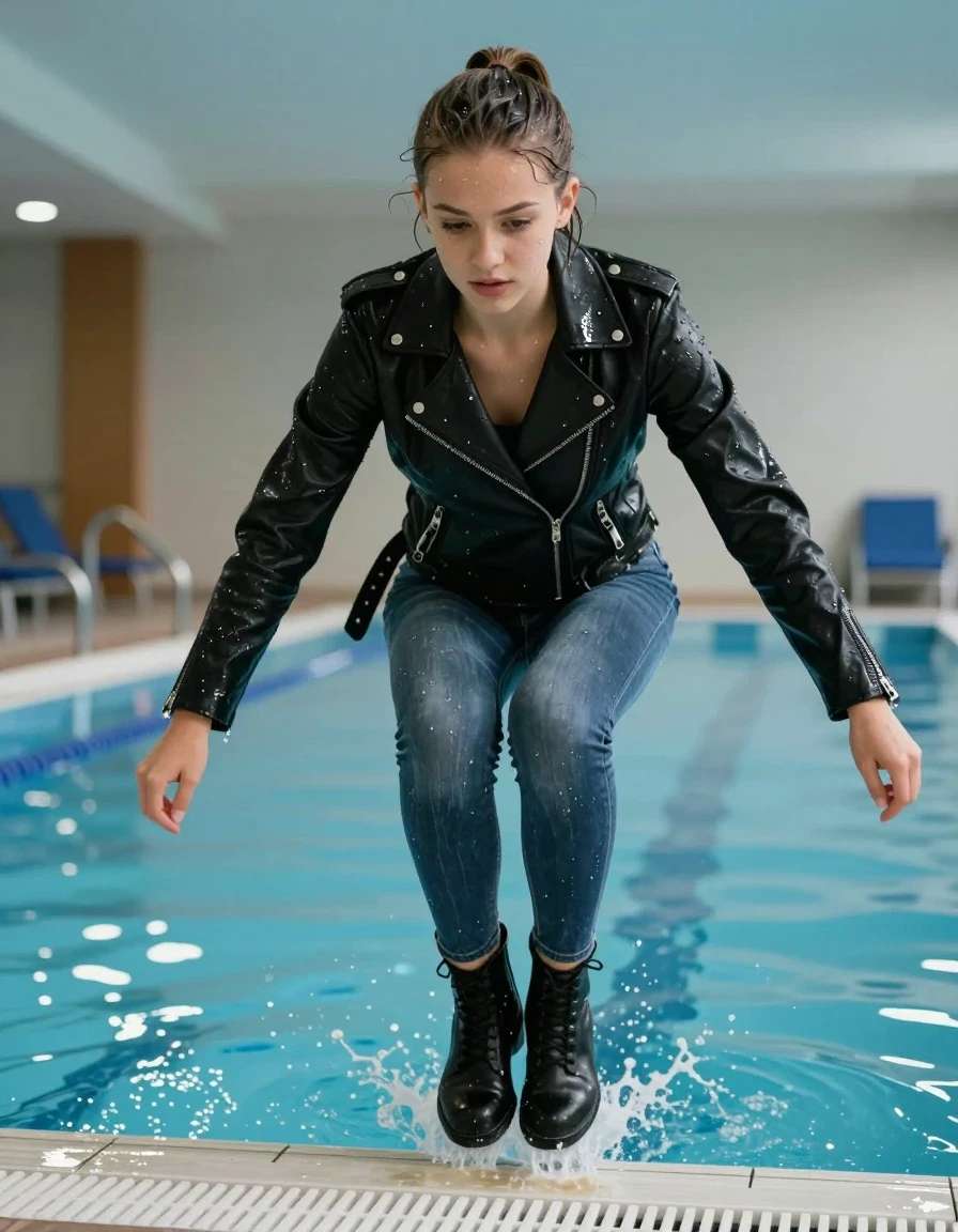 photo of young woman, in soaking wet, drenched clothes,
Ankle boots, Skinny jeans, Black biker leatherjacket , indoor pool, 
enjoying, wet clothes stuck to body,
detailed textures of the wet clothes, wet face, wet plastered hair,
wet, drenched, professional, high-quality details, full body view.
sharp focus, ultra-high pixel detail, realistic, high-quality, full colors, incredibly detailed, 4k, 8k, 16k, hyper-realistic, RAW photo, masterpiece, ultra-detailed, professionally color graded, professional photograph, View from the front : A 15-years-old teenage girl with sleek ponytail is jumping head forward into the pool fully clothed. She press her knees together, wet skin, wet clothes, damp fabric, wet skin, wet clothes, damp fabric, wet skin, wet clothes, damp fabric