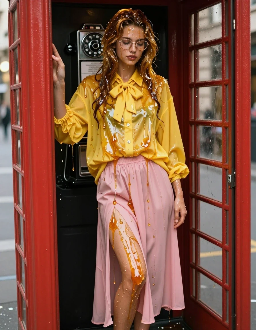 A photorealistic medium shot of a young adult European woman with bare feet inside a classic vintage red phone booth. She is wearing a yellow extremely oversized long-sleeved buttoned-down blouse with a bowtie and a pink maxi skirt. Her body, skin, and clothing are entirely coated in a thick, viscous layer of golden honey, creating a heavy, glistening, and translucent wetlook effect. The honey clings to her skin, drips from her hair, and saturates the fabric of the oversized blouse and skirt, causing the materials to darken, cling to her form, and exhibit high-gloss specular highlights. She is wearing glasses that are lightly smeared with honey. The lighting is cinematic, highlighting the amber glow and sticky texture of the honey against the dark, reflective glass panels of the phone booth. High-resolution, sharp focus, 8k, detailed skin texture, realistic light refraction through the honey, wet sheen, hyper-realistic material physics.