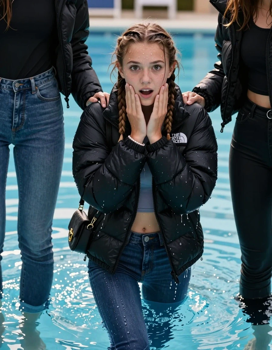 photo of young woman, in soaking wet, drenched clothes,
, Glistening soaked tight Blue skinny jeans, Glistening soaked black puffer down jacket from north face, tight sexy tshirt with wide neckline belly free, smal shoulderbag, pearl necklace, bracelet, 2 Girls, Pool, 
enjoying, wet clothes stuck to body,
detailed textures of the wet clothes, wet face, wet plastered hair,
wet, drenched, professional, high-quality details, full body view.
sharp focus, ultra-high pixel detail, realistic, high-quality, full colors, incredibly detailed, 4k, 8k, 16k, hyper-realistic, RAW photo, masterpiece, ultra-detailed, professionally color graded, professional photograph, View from behind: A realistic vertical fashion photograph of an  15-year-old teenage Girl emerge after a dip  in a clear blue swimming pool. 
wet plastered hair. Two long blonde braids. Afraid and astonished. Slight smile. Looking up at camera. Hold her hands on her chin. Open mouth, big eyes. She soak her shoulderbag in the water. Leaning forward. She pressed her knees together. The girl is positioned in the center of the frame, her head and shoulders visible above the shimmering water surface, while her body and legs are submerged below. Natural sunlight creates sparkling reflections on the water's surface. High-quality fashion photography, sharp focus on her face, cinematic lighting.
The lighting is bright and cinematic, highlighting the glistening water droplets on her skin and the saturated texture of her clothes.

her clothes are heavy from the water, water runs from her body and her clothes in streams. A lot of water also runs out of her clothes. Her clothes are darkened by the water. Her submerged clothes are clinging wet. 
A friend beside her at the Edge of the pool watch shocked at her. 
soft atmospheric lighting reflecting off the surface, cinematic medium shot, hyper-realistic wetness, high-contrast water sheen, 8k resolution, sharp focus, wet skin, wet clothes, damp fabric, wet skin, wet clothes, damp fabric, wet skin, wet clothes, damp fabric, wet skin, wet clothes, damp fabric