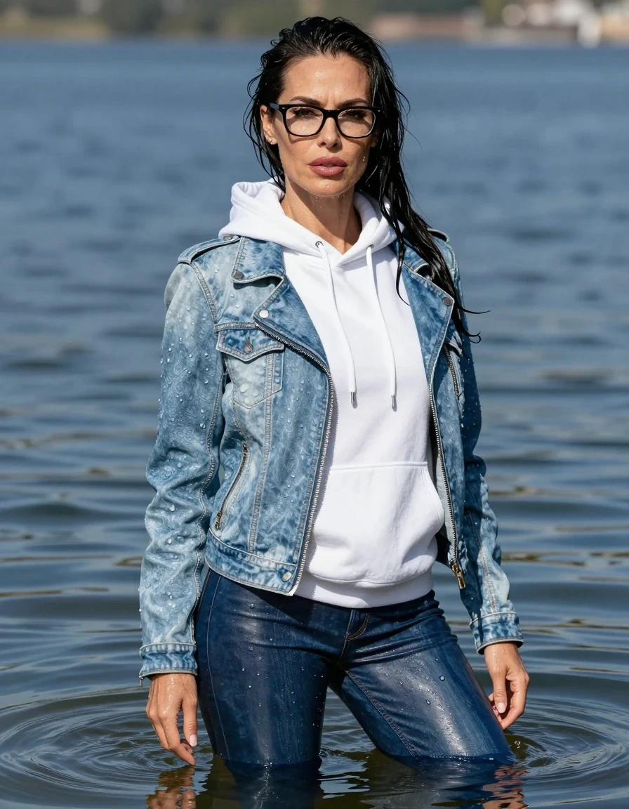 photo of young woman, in soaking wet, drenched clothes,
stilletto butts, long blue leather jeans, long white hoodie, maxi light blue denimleather  jacket, complete submerged under very deep sunny lake, 
enjoying, wet clothes stuck to body,
detailed textures of the wet clothes, wet face, wet plastered hair,
wet, drenched, professional, high-quality details, full body view.
sharp focus, ultra-high pixel detail, realistic, high-quality, full colors, incredibly detailed, 4k, 8k, 16k, hyper-realistic, RAW photo, masterpiece, ultra-detailed, professionally color graded, professional photograph, europen brunette skinny woman 40 years old, long dark black hair, very big and thick lips, office glasses, complete body, wet skin, wet clothes, damp fabric, wet skin, wet clothes, damp fabric, wet skin, wet clothes, damp fabric, wet skin, wet clothes, damp fabric, wet skin, wet clothes, damp fabric