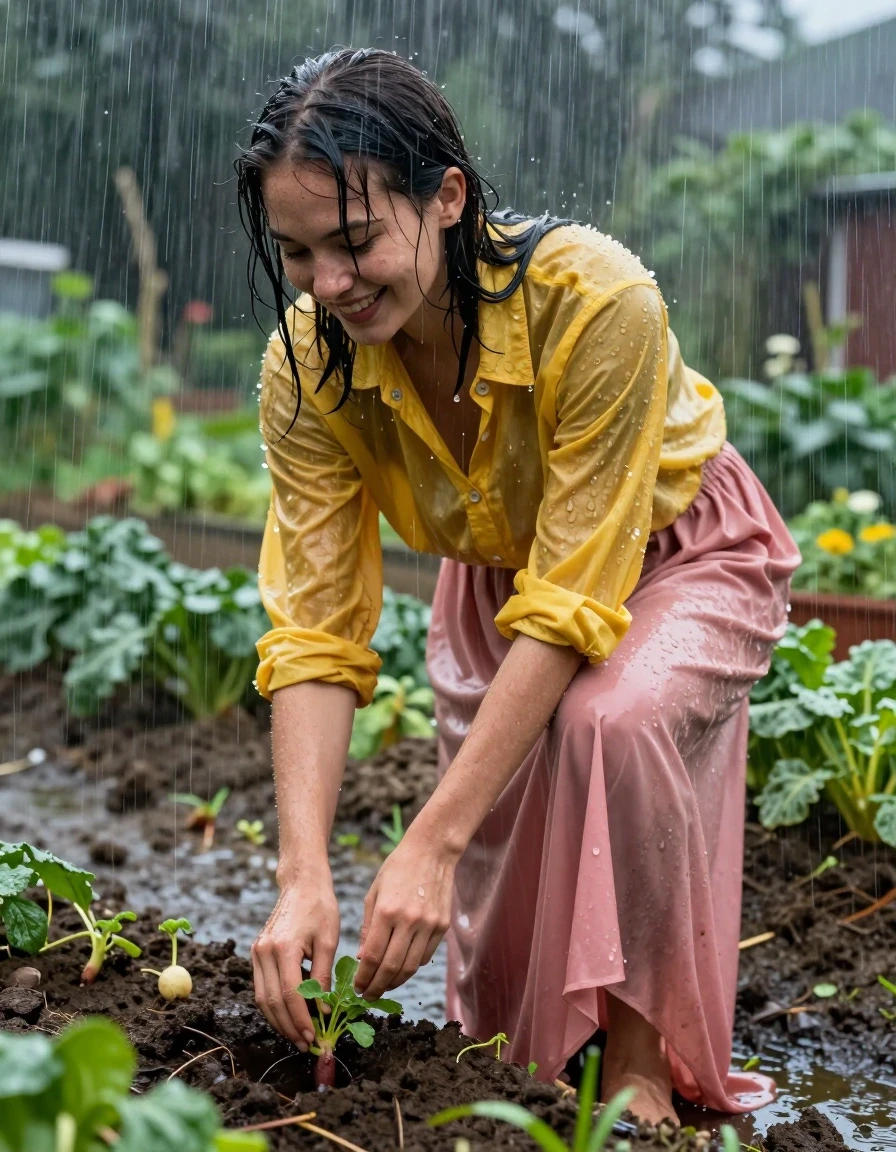 A photorealistic medium shot of a joyful young adult European woman with wet, rain-slicked hair and skin, planting vegetables in a lush garden during a heavy torrential rainfall. She is wearing a yellow oversized long-sleeved buttoned-down men's shirt, with the top button fastened, and a pink maxi skirt. The fabric of the shirt and skirt is visibly soaked, clinging to her form with dark, water-saturated patches, heavy wet folds, and strong glossy specular reflections where the water catches the light. She is barefoot, with her feet pressed into the damp, dark garden soil. The scene captures the intense atmosphere of a downpour, with visible rain streaks, water droplets cascading off her clothing, and a rich, moody garden environment. High-detail photography, cinematic lighting, hyper-realistic wet textures, natural skin pores and water sheen, 8k resolution, professional color grading.