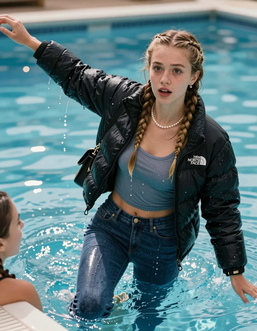 photo of young woman, in soaking wet, drenched clothes,
, Glistening soaked tight Blue skinny jeans, Glistening soaked black puffer down jacket from north face, tight sexy tshirt with wide neckline belly free, smal shoulderbag, pearl necklace, bracelet,  Pool, 
enjoying, wet clothes stuck to body,
detailed textures of the wet clothes, wet face, wet plastered hair,
wet, drenched, professional, high-quality details, full body view.
sharp focus, ultra-high pixel detail, realistic, high-quality, full colors, incredibly detailed, 4k, 8k, 16k, hyper-realistic, RAW photo, masterpiece, ultra-detailed, professionally color graded, professional photograph, View from behind: A realistic vertical fashion photograph of an  15-year-old teenage Girl submerged after a dip  in a clear blue swimming pool. 
wet plastered hair. Two long blonde braids. Afraid and astonished. Slight smile. Looking up at camera. Strech her hand to her friend. Open mouth, big eyes. She soak her shoulderbag in the water. Leaning forward. She pressed her knees together. her head and shoulders visible above the shimmering water surface, while her body and legs are submerged below. Natural sunlight creates sparkling reflections on the water's surface. High-quality fashion photography, sharp focus on her face, cinematic lighting.
The lighting is bright and cinematic, highlighting the glistening water droplets on her skin and the saturated texture of her clothes.

her clothes are heavy from the water, water runs from her body and her clothes in streams. A lot of water also runs out of her clothes. Her clothes are darkened by the water. Her submerged clothes are clinging wet. 

A shocked friend at the edge of the pool reaches out to help her out of the water.

soft atmospheric lighting reflecting off the surface, cinematic medium shot, hyper-realistic wetness, high-contrast water sheen, 8k resolution, sharp focus, wet skin, wet clothes, damp fabric, wet skin, wet clothes, damp fabric, wet skin, wet clothes, damp fabric, wet skin, wet clothes, damp fabric