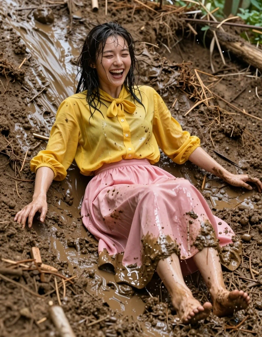 A photorealistic action shot of a young adult European woman sliding down a steep, slick mudslide, completely drenched and covered in thick, dark mud. She is wearing an oversized yellow long-sleeved buttoned-down blouse with a bowtie and a voluminous, oversized pink maxi skirt, her bare feet visible and caked in wet earth. The fabric of her clothes is heavily saturated, clinging to her skin with deep, dark patches, heavy wet folds, and a visible sheen of water absorbing into the damp textiles. Her skin is glistening with wetness, her hair is matted and soaked, and she is captured in a moment of genuine laughter, her expression joyful despite the chaotic environment. The scene is set on a muddy hillside with debris and flowing brown slurry, high-speed photography capturing the movement, sharp focus on the textures of the mud and clinging wet fabric, cinematic lighting highlighting the glistening surfaces, 8k resolution, highly detailed skin texture, realistic light refraction on water and mud.
