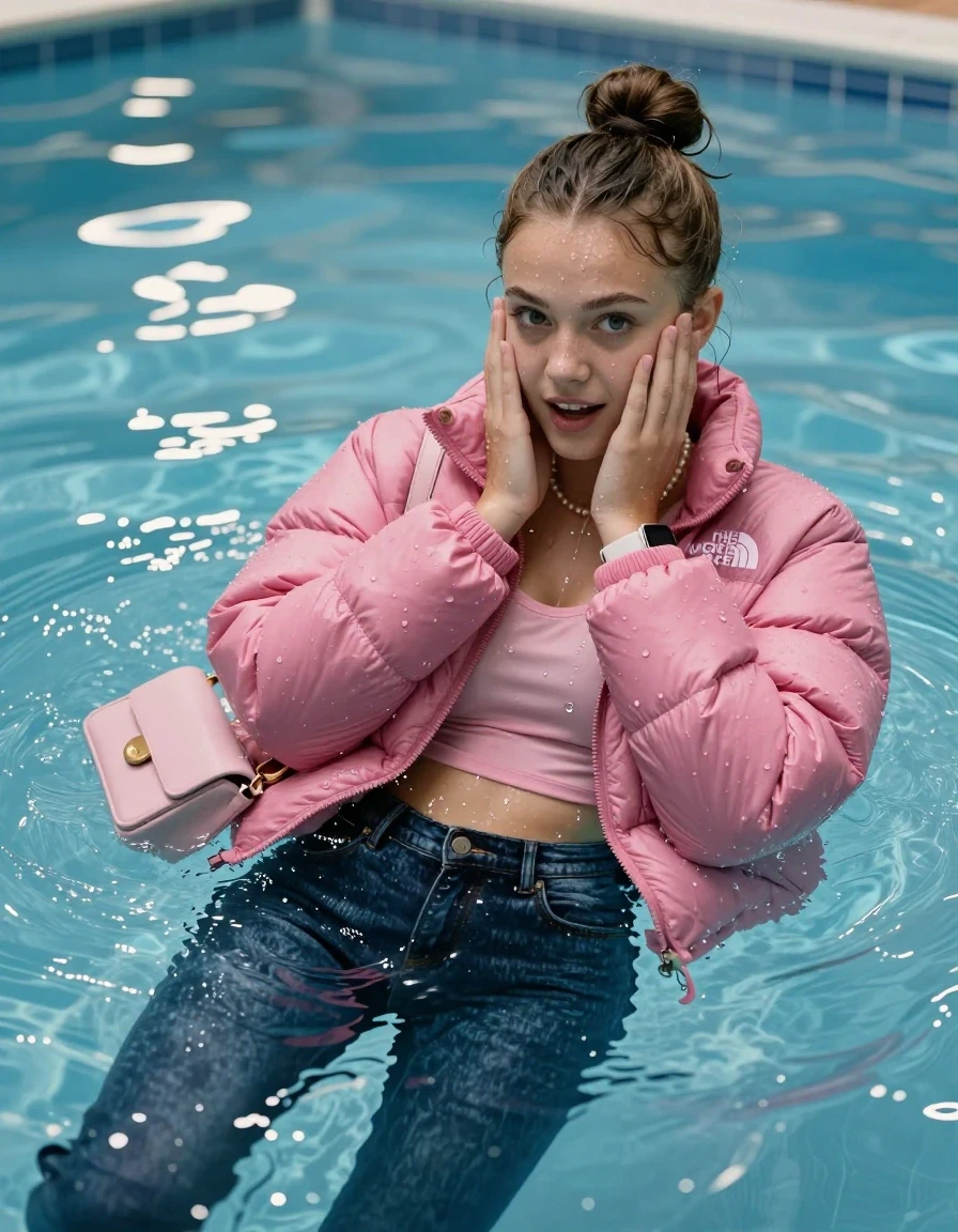 photo of young woman, in soaking wet, drenched clothes,
, Glistening soaked tight skinny jeans, Glistening soaked pink Puffer down jacket from north face, tight sexy tshirt with wide neckline belly free, shoulderbag, pearl necklace, smartwatch , Pool, 
enjoying, wet clothes stuck to body,
detailed textures of the wet clothes, wet face, wet plastered hair,
wet, drenched, professional, high-quality details, full body view.
sharp focus, ultra-high pixel detail, realistic, high-quality, full colors, incredibly detailed, 4k, 8k, 16k, hyper-realistic, RAW photo, masterpiece, ultra-detailed, professionally color graded, professional photograph, A realistic vertical fashion photograph of an  15-year-old dutch teenage Girl lying after a dip submerged in a clear blue swimming pool. 
Complete wet plastered hair. Brunette  topknot with water cascading down her clothes. Shy and astonished. Slightly smile. Looking at camera. Hold her hands over her face. Open mouth, big eyes. She soak her shoulderbag in the water. The girl is positioned in the center of the frame, her head and shoulders visible above the shimmering water surface, while her body and legs are submerged below. Natural sunlight creates sparkling reflections on the water's surface. High-quality fashion photography, sharp focus on her face, cinematic lighting.
The lighting is bright and cinematic, highlighting the glistening water droplets on her skin and the saturated texture of her clothes.

her clothes are heavy from the water, water runs from her body and her clothes in streams. A lot of water also runs out of her clothes. Her clothes are darkened by the water. Her submerged clothes are clinging wet. 
soft atmospheric lighting reflecting off the surface, cinematic medium shot, hyper-realistic wetness, high-contrast water sheen, 8k resolution, sharp focus, wet skin, wet clothes, damp fabric, wet skin, wet clothes, damp fabric, wet skin, wet clothes, damp fabric
