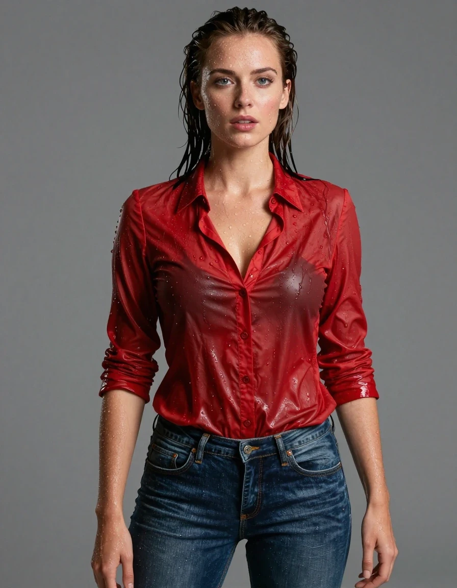photo of young woman, in soaking wet, drenched clothes,
jeans, red shirt, , 
enjoying, wet clothes stuck to body,
detailed textures of the wet clothes, wet face, wet plastered hair,
wet, drenched, professional, high-quality details, full body view.
sharp focus, ultra-high pixel detail, realistic, high-quality, full colors, incredibly detailed, 4k, 8k, 16k, hyper-realistic, RAW photo, masterpiece, ultra-detailed, professionally color graded, professional photograph, wet skin, wet clothes, damp fabric
