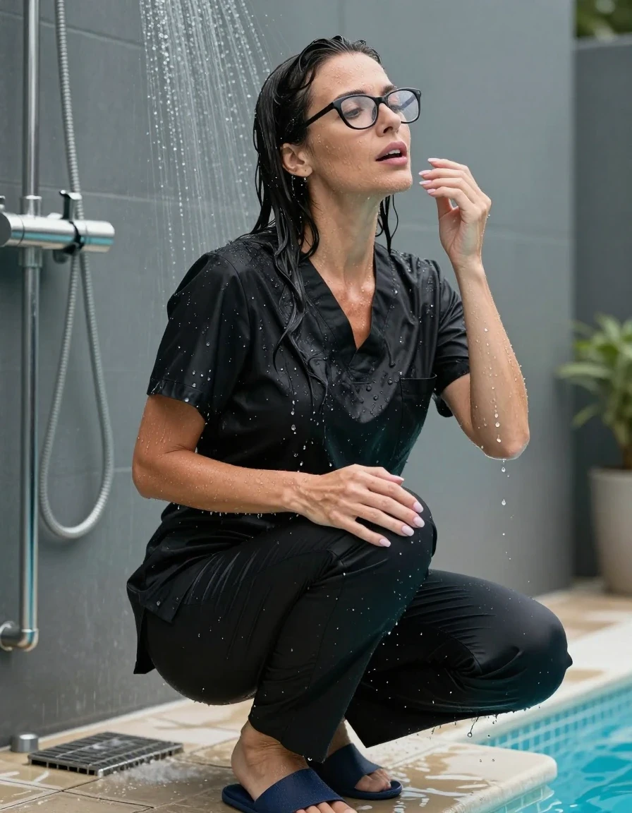 photo of young woman, in soaking wet, drenched clothes,
slippers, black scrubs, black scrubs, on the edge of pool under shower, 
enjoying, wet clothes stuck to body,
detailed textures of the wet clothes, wet face, wet plastered hair,
wet, drenched, professional, high-quality details, full body view.
sharp focus, ultra-high pixel detail, realistic, high-quality, full colors, incredibly detailed, 4k, 8k, 16k, hyper-realistic, RAW photo, masterpiece, ultra-detailed, professionally color graded, professional photograph, europen brunette skinny woman 40 years old, long dark black hair, very big and thick lips, office glasses,  complete body, wet skin, wet clothes, damp fabric, wet skin, wet clothes, damp fabric, wet skin, wet clothes, damp fabric, wet skin, wet clothes, damp fabric, wet skin, wet clothes, damp fabric