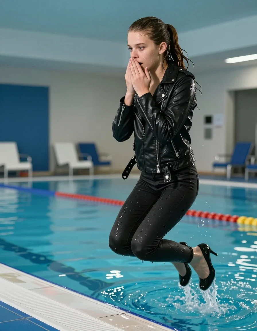 photo of young woman, in soaking wet, drenched clothes,
Black pumps , Skinny jeans, Black biker leatherjacket , indoor pool, 
enjoying, wet clothes stuck to body,
detailed textures of the wet clothes, wet face, wet plastered hair,
wet, drenched, professional, high-quality details, full body view.
sharp focus, ultra-high pixel detail, realistic, high-quality, full colors, incredibly detailed, 4k, 8k, 16k, hyper-realistic, RAW photo, masterpiece, ultra-detailed, professionally color graded, professional photograph, A 15-years-old teenage girl with sleek ponytail and a her hands over her mouth is jumping into the pool fully clothed., wet skin, wet clothes, damp fabric, wet skin, wet clothes, damp fabric, wet skin, wet clothes, damp fabric