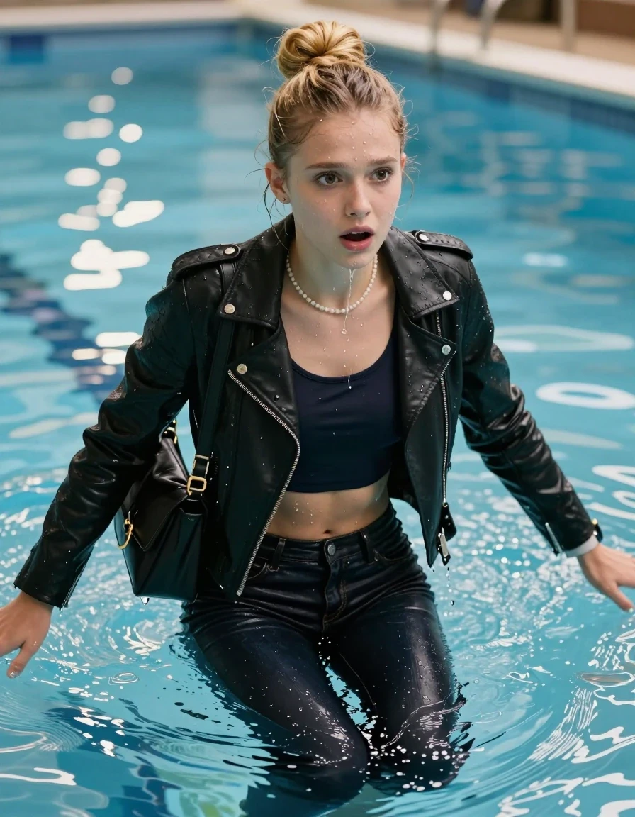 photo of young woman, in soaking wet, drenched clothes,
, Glistening soaked tight skinny jeans, Glistening soaked  black biker leatherjacket, tight sexy tshirt with wide neckline belly free, shoulderbag, pearl necklace, smartwatch , Pool, 
enjoying, wet clothes stuck to body,
detailed textures of the wet clothes, wet face, wet plastered hair,
wet, drenched, professional, high-quality details, full body view.
sharp focus, ultra-high pixel detail, realistic, high-quality, full colors, incredibly detailed, 4k, 8k, 16k, hyper-realistic, RAW photo, masterpiece, ultra-detailed, professionally color graded, professional photograph, A realistic vertical fashion photograph of an  15-year-old teenage Girl emerge after a diving in a clear blue swimming pool. 
wet plastered hair. Blonde topknot. Afraid and astonished. Looking up at camera. Stretches her arms forward . Open mouth, big eyes. She soak her shoulderbag in the water. Leaning forward. She pressed her knees together. The girl is positioned in the center of the frame, her head and shoulders visible above the shimmering water surface, while her body and legs are submerged below. Natural sunlight creates sparkling reflections on the water's surface. High-quality fashion photography, sharp focus on her face, cinematic lighting.
The lighting is bright and cinematic, highlighting the glistening water droplets on her skin and the saturated texture of her clothes.

her clothes are heavy from the water, water runs from her body and her clothes in streams. A lot of water also runs out of her clothes. Her clothes are darkened by the water. Her submerged clothes are clinging wet. 
soft atmospheric lighting reflecting off the surface, cinematic medium shot, hyper-realistic wetness, high-contrast water sheen, 8k resolution, sharp focus, wet skin, wet clothes, damp fabric, wet skin, wet clothes, damp fabric, wet skin, wet clothes, damp fabric
