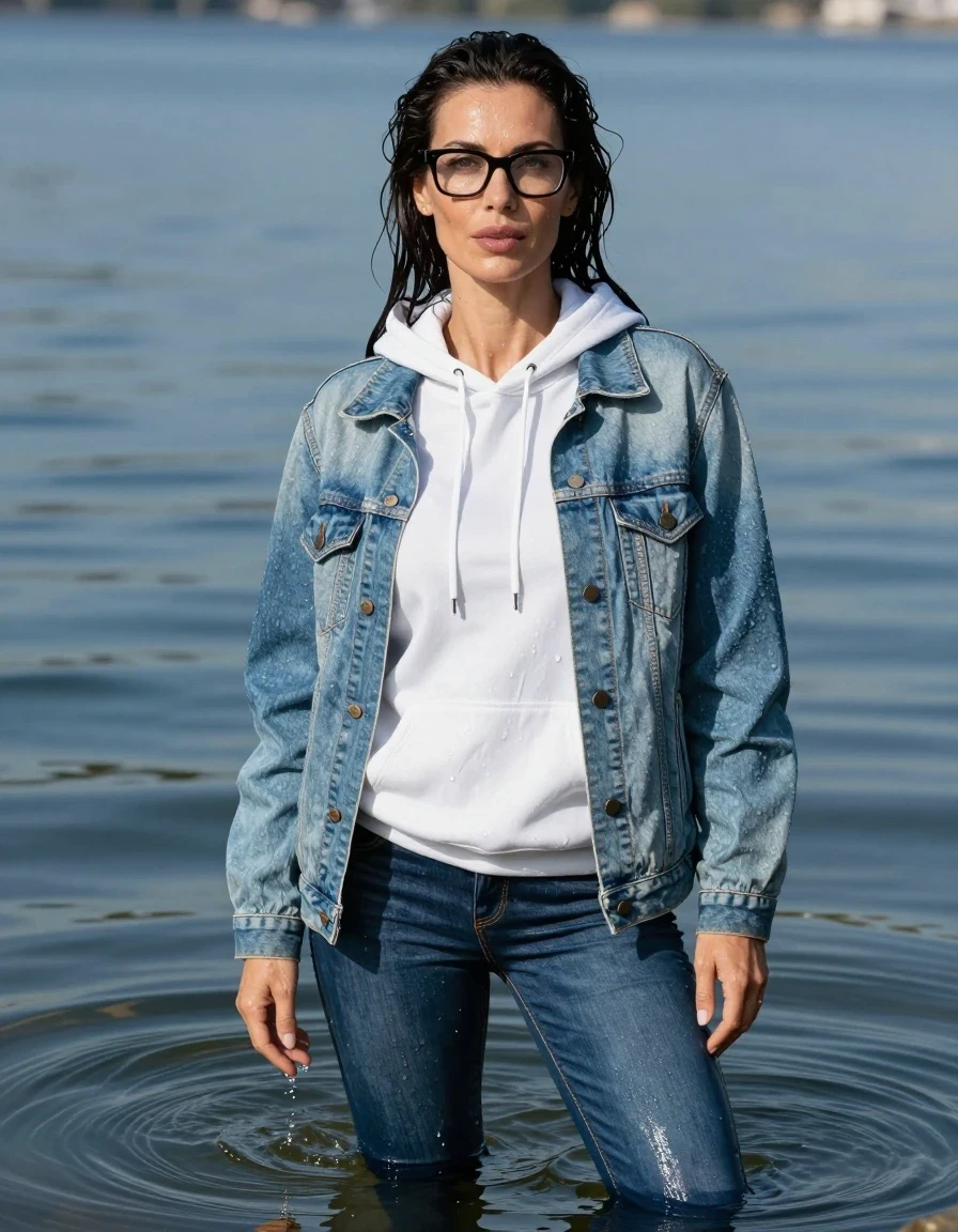 photo of young woman, in soaking wet, drenched clothes,
stilletto butts, long blue jeans, long white hoodie, maxi light blue denim jacket, complete submerged under very deep sunny lake, 
enjoying, wet clothes stuck to body,
detailed textures of the wet clothes, wet face, wet plastered hair,
wet, drenched, professional, high-quality details, full body view.
sharp focus, ultra-high pixel detail, realistic, high-quality, full colors, incredibly detailed, 4k, 8k, 16k, hyper-realistic, RAW photo, masterpiece, ultra-detailed, professionally color graded, professional photograph, europen brunette skinny woman 40 years old, long dark black hair, very big and thick lips, office glasses, complete body, wet skin, wet clothes, damp fabric, wet skin, wet clothes, damp fabric, wet skin, wet clothes, damp fabric, wet skin, wet clothes, damp fabric, wet skin, wet clothes, damp fabric