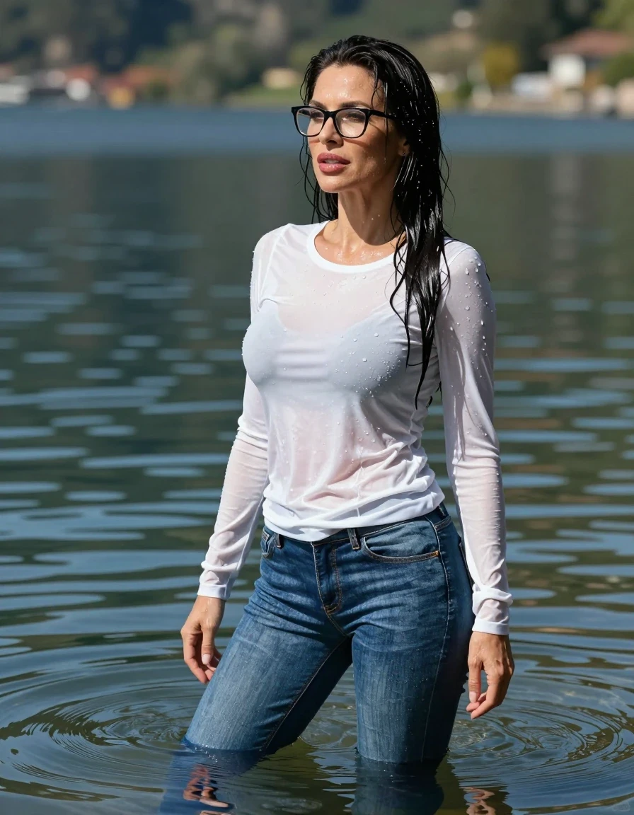 photo of young woman, in soaking wet, drenched clothes,
stilletto butts, long blue tight jeans, white long sweater with long sleeves, complete submerged under very deep sunny lake, 
enjoying, wet clothes stuck to body,
detailed textures of the wet clothes, wet face, wet plastered hair,
wet, drenched, professional, high-quality details, full body view.
sharp focus, ultra-high pixel detail, realistic, high-quality, full colors, incredibly detailed, 4k, 8k, 16k, hyper-realistic, RAW photo, masterpiece, ultra-detailed, professionally color graded, professional photograph, europen brunette skinny woman 40 years old, long dark black hair, very big and thick lips, office glasses, complete body, wet skin, wet clothes, damp fabric, wet skin, wet clothes, damp fabric, wet skin, wet clothes, damp fabric, wet skin, wet clothes, damp fabric, wet skin, wet clothes, damp fabric