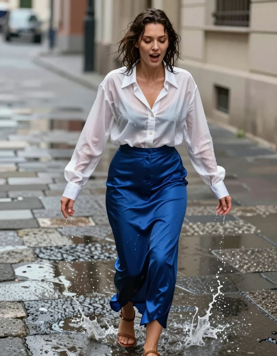 photo of young woman, in soaking wet, drenched clothes,
sandals, blue satin maxi skirt, top button is fastened, white kent collar oversized long sleeved buttoned down men's shirt, pavement, 
enjoying, wet clothes stuck to body,
detailed textures of the wet clothes, wet face, wet plastered hair,
wet, drenched, professional, high-quality details, full body view.
sharp focus, ultra-high pixel detail, realistic, high-quality, full colors, incredibly detailed, 4k, 8k, 16k, hyper-realistic, RAW photo, masterpiece, ultra-detailed, professionally color graded, professional photograph, sploshing around in a puddle joyfully, wet skin, wet clothes, damp fabric