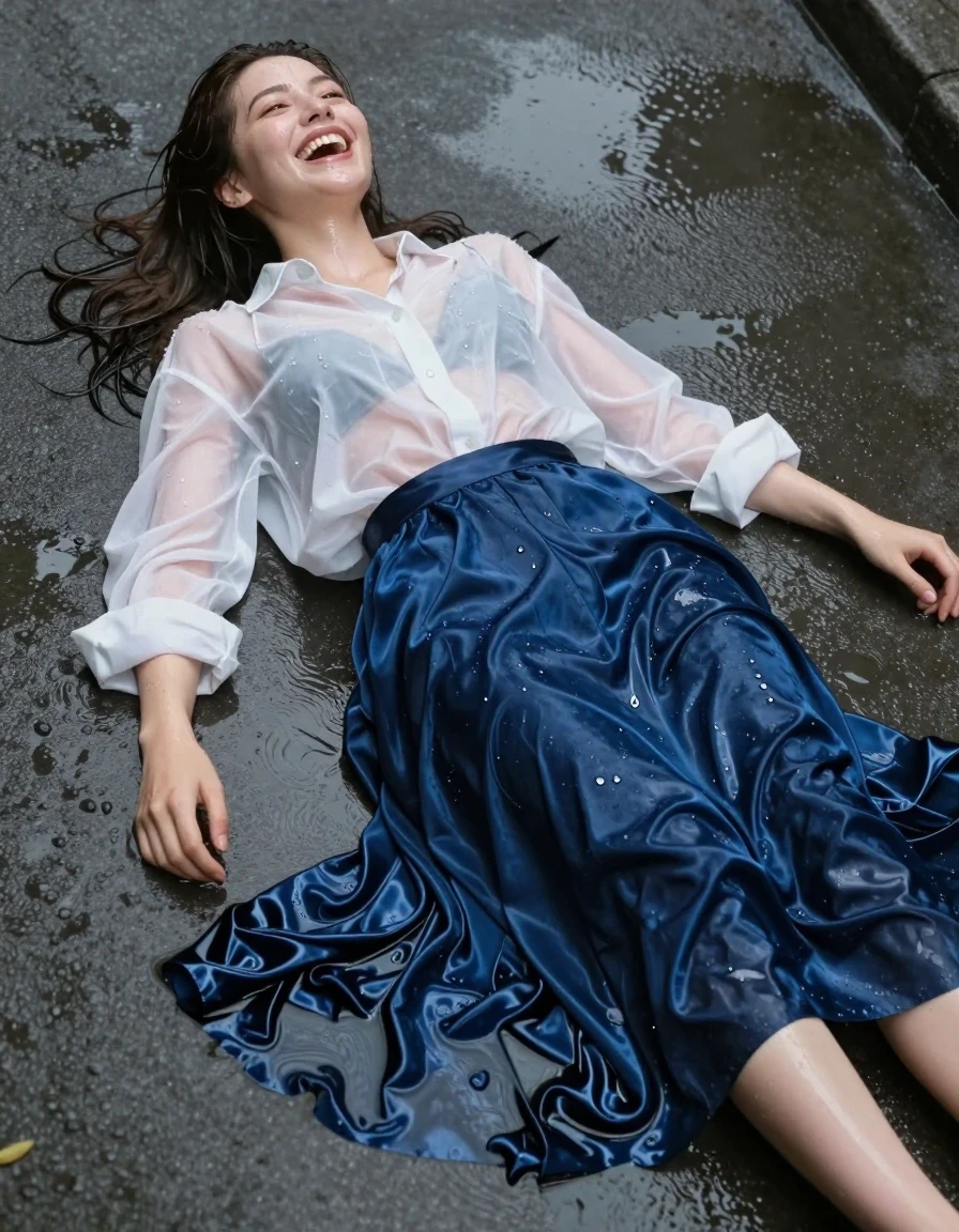 A young adult European woman lying on a wet pavement, captured in a candid, joyful moment of genuine laughter. She is wearing a crisp white kent collar oversized men's shirt with only the top button fastened, the fabric soaked and clinging to her skin, sheer and translucent where saturated. Paired with a long, flowing blue satin maxi skirt that is heavy with water, clinging to her legs and the ground, creating deep, glossy, liquid-like ripples and dark, saturated folds against the concrete. She wears simple sandals on her feet. Her skin is glistening with a wet sheen, hair damp and plastered against her neck and shoulders. The scene is set in a shallow, reflective puddle on a city pavement, with water soaking into her clothes, darkening the fabric and enhancing the material's texture. Cinematic lighting reflects off the wet surfaces, highlighting the droplets and the heavy, clinging weight of the drenched garments, high-resolution, photorealistic, 8k, sharp focus.
