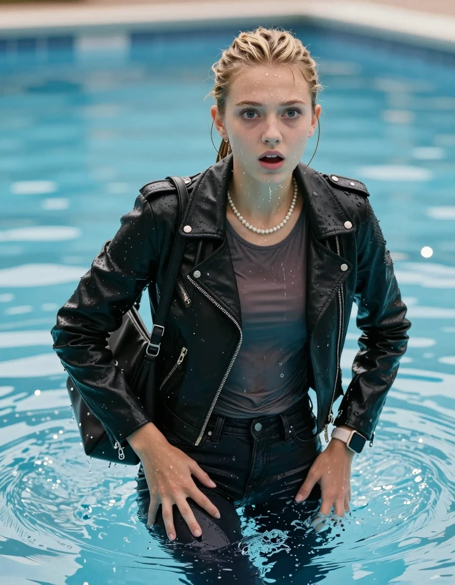 photo of young woman, in soaking wet, drenched clothes,
, Glistening soaked tight skinny jeans, Glistening soaked  black biker leatherjacket, tight sexy tshirt with wide neckline belly free, shoulderbag, pearl necklace, smartwatch , Pool, 
enjoying, wet clothes stuck to body,
detailed textures of the wet clothes, wet face, wet plastered hair,
wet, drenched, professional, high-quality details, full body view.
sharp focus, ultra-high pixel detail, realistic, high-quality, full colors, incredibly detailed, 4k, 8k, 16k, hyper-realistic, RAW photo, masterpiece, ultra-detailed, professionally color graded, professional photograph, A realistic vertical fashion photograph of an  15-year-old teenage Girl emerge after a dip   in a clear blue swimming pool. 
wet plastered hair. Blonde sleek twisted ponytail with water cascading down her clothes. Afraid and astonished. Looking up at camera. Hold her hands on her ass . Open mouth, big eyes. She soak her shoulderbag in the water. She pressed her knees together. The girl is positioned in the center of the frame, her head and shoulders visible above the shimmering water surface, while her body and legs are submerged below. Natural sunlight creates sparkling reflections on the water's surface. High-quality fashion photography, sharp focus on her face, cinematic lighting.
The lighting is bright and cinematic, highlighting the glistening water droplets on her skin and the saturated texture of her clothes.

her clothes are heavy from the water, water runs from her body and her clothes in streams. A lot of water also runs out of her clothes. Her clothes are darkened by the water. Her submerged clothes are clinging wet. 
soft atmospheric lighting reflecting off the surface, cinematic medium shot, hyper-realistic wetness, high-contrast water sheen, 8k resolution, sharp focus, wet skin, wet clothes, damp fabric, wet skin, wet clothes, damp fabric, wet skin, wet clothes, damp fabric