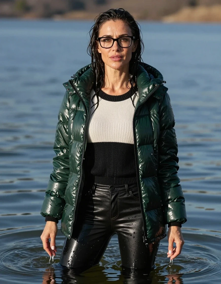 photo of young woman, in soaking wet, drenched clothes,
stilletto butts, long black leather jeans, long black & white sweater with long sleeves, maxi dark green winter down jacket, complete submerged under sunny very deep lake, 
enjoying, wet clothes stuck to body,
detailed textures of the wet clothes, wet face, wet plastered hair,
wet, drenched, professional, high-quality details, full body view.
sharp focus, ultra-high pixel detail, realistic, high-quality, full colors, incredibly detailed, 4k, 8k, 16k, hyper-realistic, RAW photo, masterpiece, ultra-detailed, professionally color graded, professional photograph, europen brunette skinny woman 40 years old, long dark black hair, very big and thick lips, office glasses, complete body, wet skin, wet clothes, damp fabric, wet skin, wet clothes, damp fabric, wet skin, wet clothes, damp fabric, wet skin, wet clothes, damp fabric, wet skin, wet clothes, damp fabric