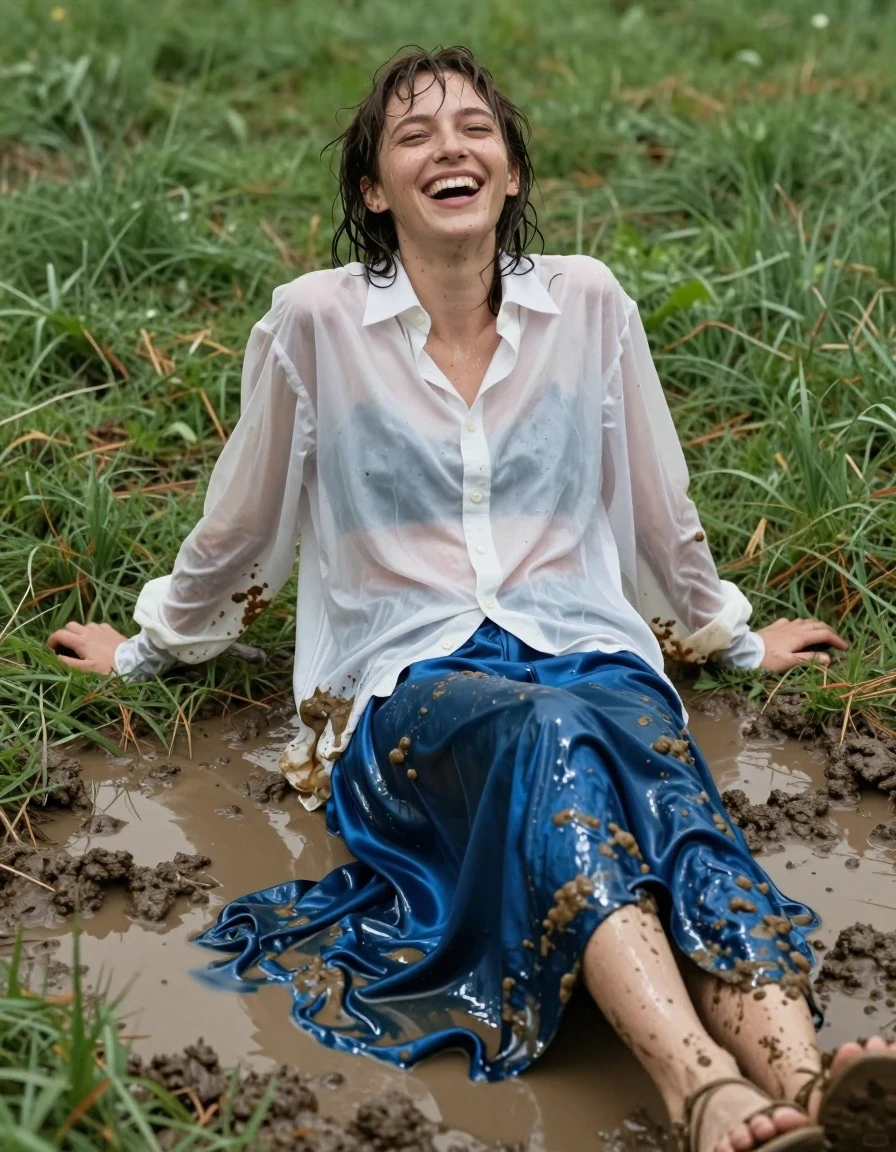 A young adult European woman with wet, disheveled hair and skin glistening with water, laughing joyfully while laying in a muddy puddle on a lush grass lawn. She is wearing an oversized white long-sleeved men's button-down shirt with a stiff kent collar, the top button fastened, with the fabric heavily soaked, translucent, and clinging to her skin with deep wet patches and water-darkened folds. She wears a long blue satin maxi skirt, now completely drenched, clinging to her legs with heavy, glossy water-sheen and dark, saturated fabric ripples. Her feet are encased in strappy sandals, partially submerged in the thick mud. The scene is captured in high-detail photorealism, emphasizing the contrast between the muddy water, the wet clinging textiles, and the vibrant green grass. Natural daylight, shallow depth of field, high-contrast wet textures, cinematic lighting.