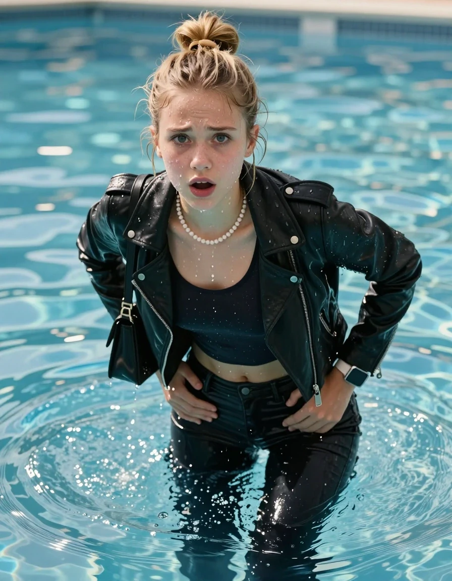 photo of young woman, in soaking wet, drenched clothes,
, Glistening soaked tight skinny jeans, Glistening soaked  black biker leatherjacket, tight sexy tshirt with wide neckline belly free, shoulderbag, pearl necklace, smartwatch , Pool, 
enjoying, wet clothes stuck to body,
detailed textures of the wet clothes, wet face, wet plastered hair,
wet, drenched, professional, high-quality details, full body view.
sharp focus, ultra-high pixel detail, realistic, high-quality, full colors, incredibly detailed, 4k, 8k, 16k, hyper-realistic, RAW photo, masterpiece, ultra-detailed, professionally color graded, professional photograph, A realistic vertical fashion photograph of an  15-year-old teenage Girl emerge after a dip   in a clear blue swimming pool. 
wet plastered hair. Blonde topknot. Afraid and astonished. Looking up at camera. Hold her hands on her butt. Open mouth, big eyes. She soak her shoulderbag in the water. Leaning forward. She pressed her knees together. The girl is positioned in the center of the frame, her head and shoulders visible above the shimmering water surface, while her body and legs are submerged below. Natural sunlight creates sparkling reflections on the water's surface. High-quality fashion photography, sharp focus on her face, cinematic lighting.
The lighting is bright and cinematic, highlighting the glistening water droplets on her skin and the saturated texture of her clothes.

her clothes are heavy from the water, water runs from her body and her clothes in streams. A lot of water also runs out of her clothes. Her clothes are darkened by the water. Her submerged clothes are clinging wet. 
soft atmospheric lighting reflecting off the surface, cinematic medium shot, hyper-realistic wetness, high-contrast water sheen, 8k resolution, sharp focus, wet skin, wet clothes, damp fabric, wet skin, wet clothes, damp fabric, wet skin, wet clothes, damp fabric