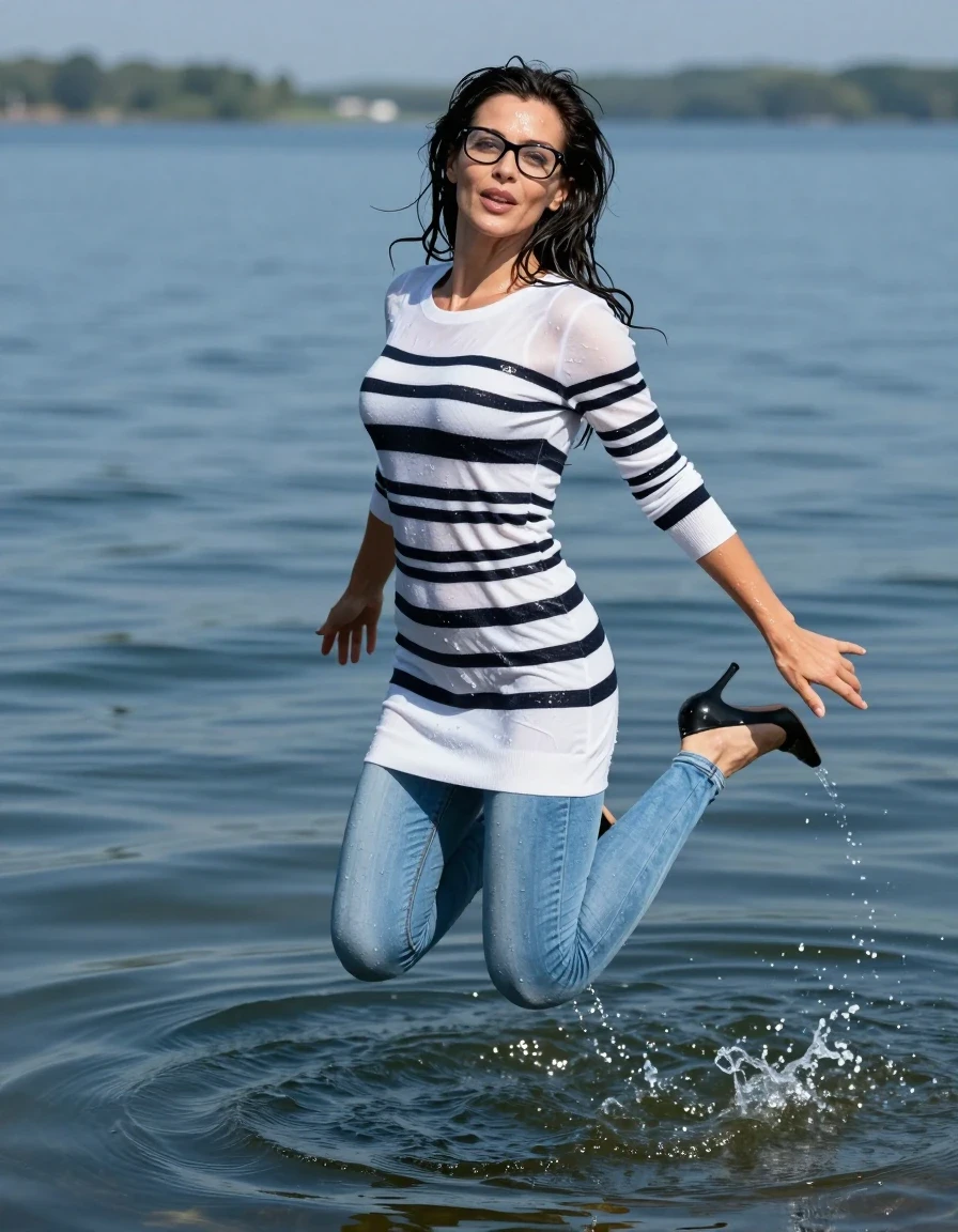 photo of young woman, in soaking wet, drenched clothes,
stilletto butts, long light blue tight jeans, white & black striped long sweater dress with long sleeves, jumping complete submerged under very deep sunny lake, 
enjoying, wet clothes stuck to body,
detailed textures of the wet clothes, wet face, wet plastered hair,
wet, drenched, professional, high-quality details, full body view.
sharp focus, ultra-high pixel detail, realistic, high-quality, full colors, incredibly detailed, 4k, 8k, 16k, hyper-realistic, RAW photo, masterpiece, ultra-detailed, professionally color graded, professional photograph, europen brunette skinny woman 40 years old, long dark black hair, very big and thick lips, office glasses, complete body, wet skin, wet clothes, damp fabric, wet skin, wet clothes, damp fabric, wet skin, wet clothes, damp fabric, wet skin, wet clothes, damp fabric, wet skin, wet clothes, damp fabric