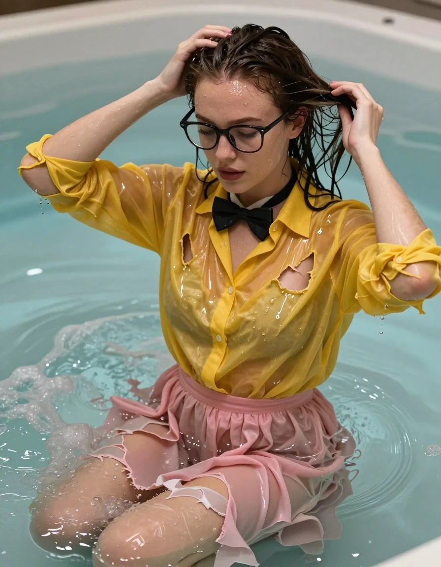 A photorealistic portrait of a young adult European woman with wet, glistening skin and hair, sitting inside a bubbling jacuzzi. She is wearing a torn yellow oversized long-sleeved buttoned-down blouse that is soaking wet, clinging to her frame, with darker saturated patches and heavy wet folds, paired with a torn pink maxi skirt that is water-logged and translucent where it clings to her legs. She wears black nerdy glasses and a bowtie. She is captured in a candid moment, playfully running her hands through her damp, slicked-back hair. The lighting is soft and atmospheric, reflecting off the water's surface and highlighting the wet textures of the fabric and her skin. High-resolution photography, 8k, detailed skin pores, realistic water droplets, cinematic composition, shallow depth of field.