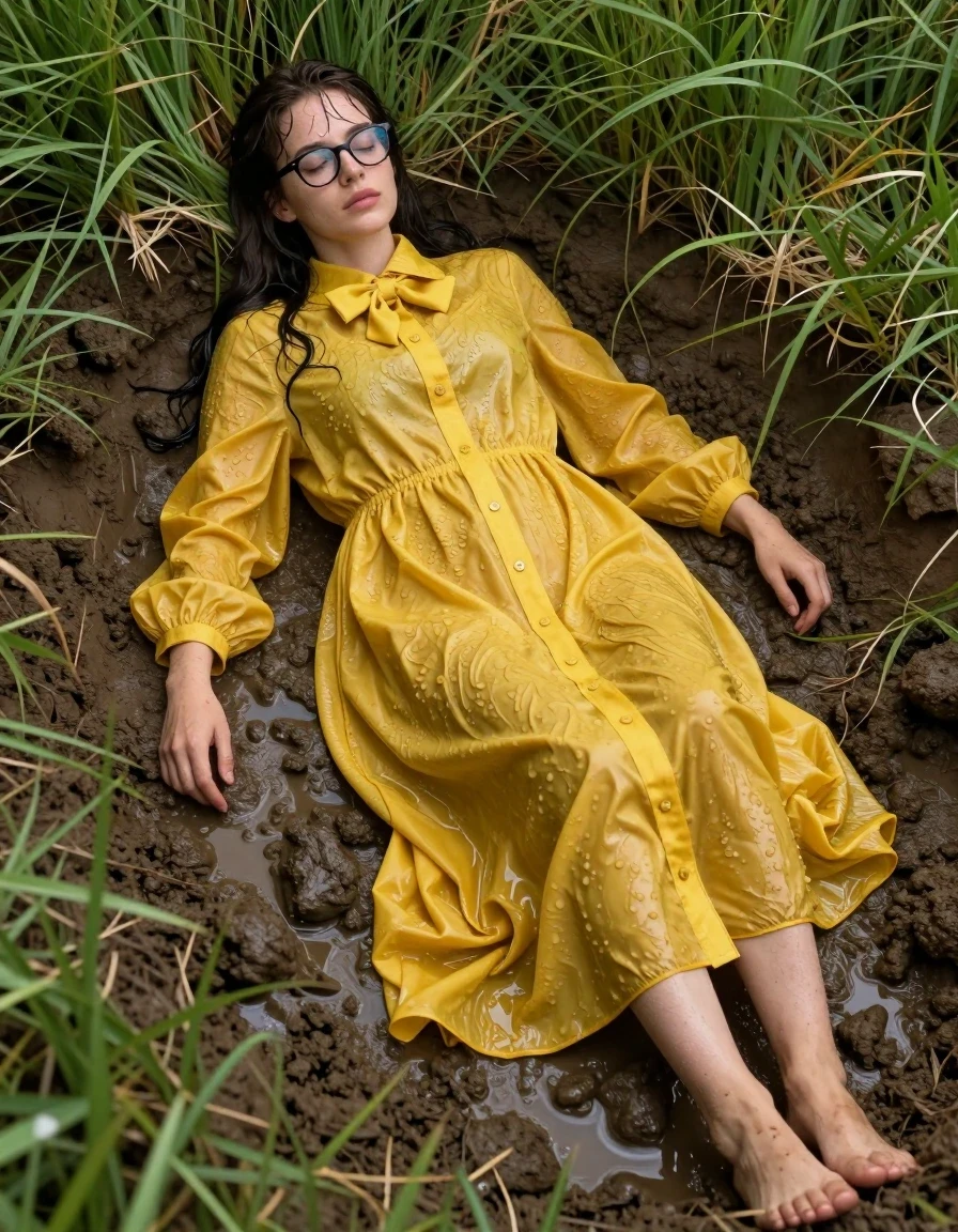 photo of young woman, in soaking wet, drenched clothes,
Barefeet, glasses, yellow extremely oversized long sleeved maxi buttoned down dress, bowtie, glasses, yellow extremely oversized long sleeved maxi buttoned down dress, bowtie, grass, 
enjoying, wet clothes stuck to body,
detailed textures of the wet clothes, wet face, wet plastered hair,
wet, drenched, professional, high-quality details, full body view.
sharp focus, ultra-high pixel detail, realistic, high-quality, full colors, incredibly detailed, 4k, 8k, 16k, hyper-realistic, RAW photo, masterpiece, ultra-detailed, professionally color graded, professional photograph, sleeping in a pit of mud, wet skin, wet clothes, damp fabric
