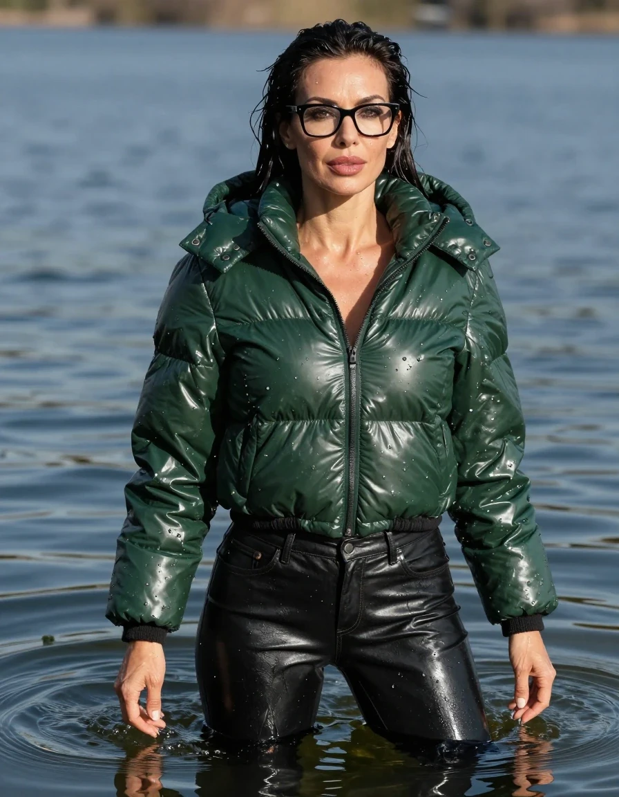 photo of young woman, in soaking wet, drenched clothes,
stilletto butts, long black leather jeans, maxi dark green winter down jacket, complete submerged under sunny very deep lake, 
enjoying, wet clothes stuck to body,
detailed textures of the wet clothes, wet face, wet plastered hair,
wet, drenched, professional, high-quality details, full body view.
sharp focus, ultra-high pixel detail, realistic, high-quality, full colors, incredibly detailed, 4k, 8k, 16k, hyper-realistic, RAW photo, masterpiece, ultra-detailed, professionally color graded, professional photograph, europen brunette skinny woman 40 years old, long dark black hair, very big and thick lips, office glasses, complete body, wet skin, wet clothes, damp fabric, wet skin, wet clothes, damp fabric, wet skin, wet clothes, damp fabric, wet skin, wet clothes, damp fabric, wet skin, wet clothes, damp fabric