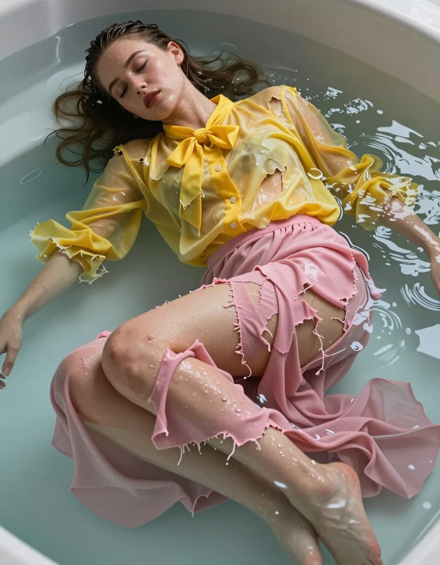 A photorealistic, high-detail shot of a young adult European woman with wet, slicked-back hair and glistening, water-beaded skin, peacefully sleeping submerged in a bubbling jacuzzi. She is wearing a torn yellow oversized long-sleeved buttoned-down blouse with a bowtie, the fabric heavily soaked, translucent, and clinging to her skin with dark, water-saturated patches and heavy wet folds. Her lower half is draped in a torn pink maxi skirt, which is water-heavy, clinging to her legs and swirling in the water with deep, saturated tones and realistic fabric texture. Her bare feet are visible, partially submerged and pale against the water. The scene features soft, atmospheric lighting reflecting off the water surface and the wet surfaces of her clothing. Cinematic composition, shallow depth of field, 8k resolution, hyper-realistic water physics, sharp focus on the textures of the wet fabric and skin.