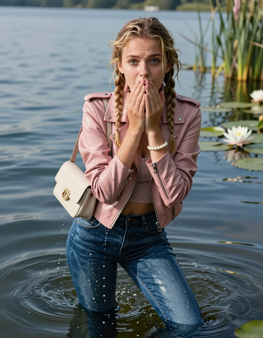 photo of young woman, in soaking wet, drenched clothes,
, Glistening soaked tight Blue skinny jeans, Glistening soaked  light pink biker leatherjacket, tight sexy tshirt with wide neckline belly free, smal shoulderbag, pearl necklace, bracelet, Lake with water lilies and reeds, 
enjoying, wet clothes stuck to body,
detailed textures of the wet clothes, wet face, wet plastered hair,
wet, drenched, professional, high-quality details, full body view.
sharp focus, ultra-high pixel detail, realistic, high-quality, full colors, incredibly detailed, 4k, 8k, 16k, hyper-realistic, RAW photo, masterpiece, ultra-detailed, professionally color graded, professional photograph, View from behind: A realistic vertical fashion photograph of an  15-year-old teenage Girl emerge after a dip in a clear blue lake. 
wet plastered hair. Two long blonde braids. Afraid and astonished. Looking up at camera. Hold her hands on her mouth. Closed mouth, big eyes. She soak her shoulderbag in the water. Leaning forward. She pressed her knees together. The girl is positioned in the center of the frame, her head and shoulders visible above the shimmering water surface, while her body and legs are submerged below. Natural sunlight creates sparkling reflections on the water's surface. High-quality fashion photography, sharp focus on her face, cinematic lighting.
The lighting is bright and cinematic, highlighting the glistening water droplets on her skin and the saturated texture of her clothes.

her clothes are heavy from the water, water runs from her body and her clothes in streams. A lot of water also runs out of her clothes. Her clothes are darkened by the water. Her submerged clothes are clinging wet. 
soft atmospheric lighting reflecting off the surface, cinematic medium shot, hyper-realistic wetness, high-contrast water sheen, 8k resolution, sharp focus, wet skin, wet clothes, damp fabric, wet skin, wet clothes, damp fabric, wet skin, wet clothes, damp fabric, wet skin, wet clothes, damp fabric, wet skin, wet clothes, damp fabric