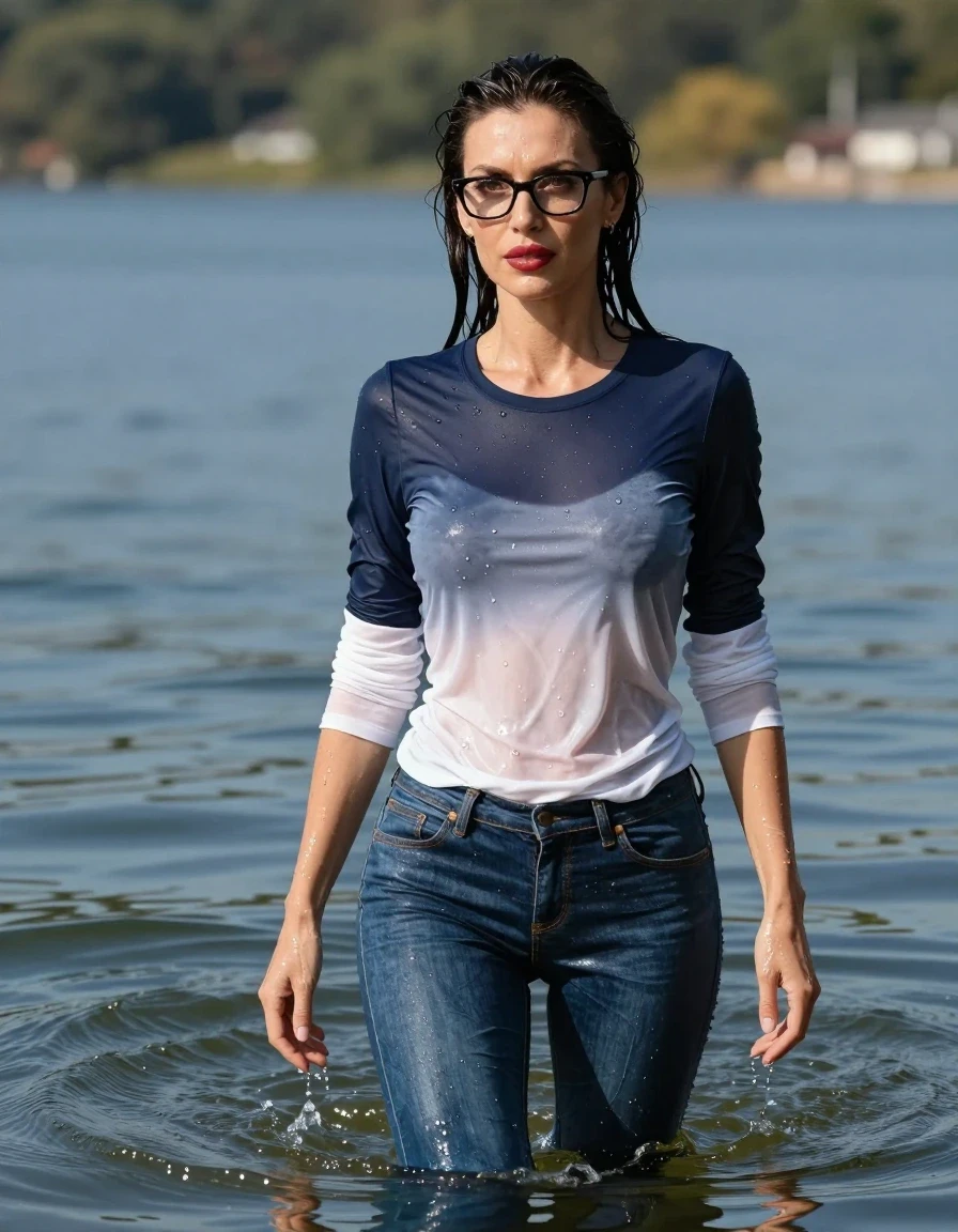 photo of young woman, in soaking wet, drenched clothes,
stilletto butts, long blue tight jeans, dark blue and white long sweater with long sleeves, complete submerged under very deep sunny lake, 
enjoying, wet clothes stuck to body,
detailed textures of the wet clothes, wet face, wet plastered hair,
wet, drenched, professional, high-quality details, full body view.
sharp focus, ultra-high pixel detail, realistic, high-quality, full colors, incredibly detailed, 4k, 8k, 16k, hyper-realistic, RAW photo, masterpiece, ultra-detailed, professionally color graded, professional photograph, europen brunette skinny woman 40 years old, long dark black hair, very big and thick lips, office glasses, complete body, wet skin, wet clothes, damp fabric, wet skin, wet clothes, damp fabric, wet skin, wet clothes, damp fabric, wet skin, wet clothes, damp fabric, wet skin, wet clothes, damp fabric